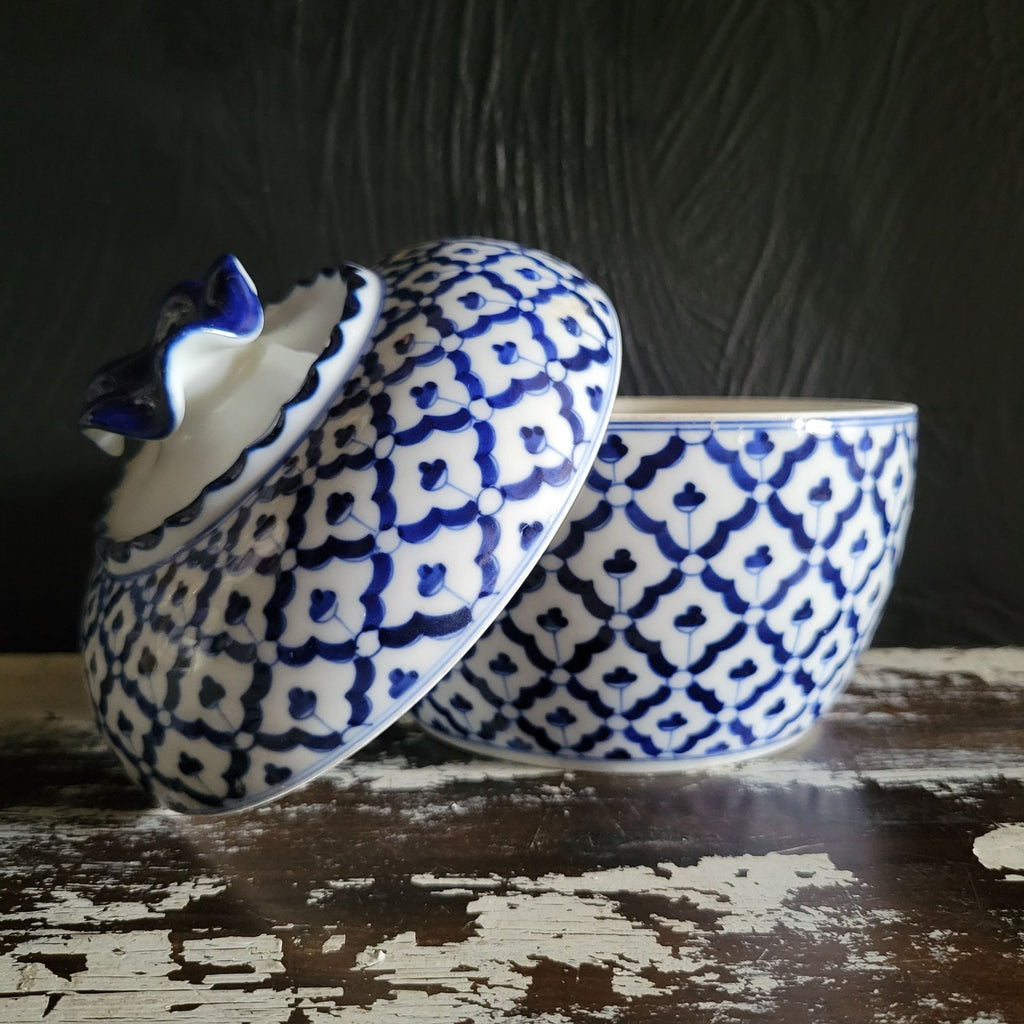 Vintage Thai Porcelain Blue and White Round Lidded Jar