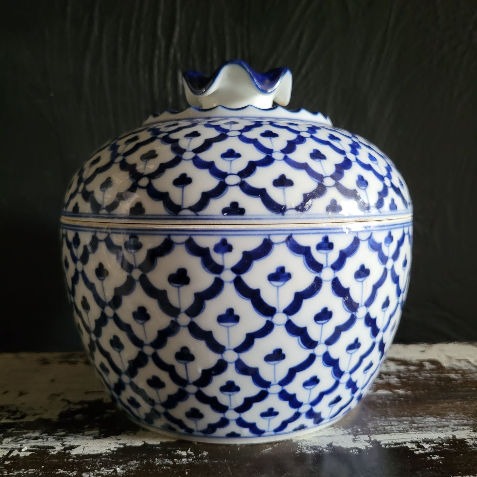 Vintage Thai Porcelain Blue and White Round Lidded Jar