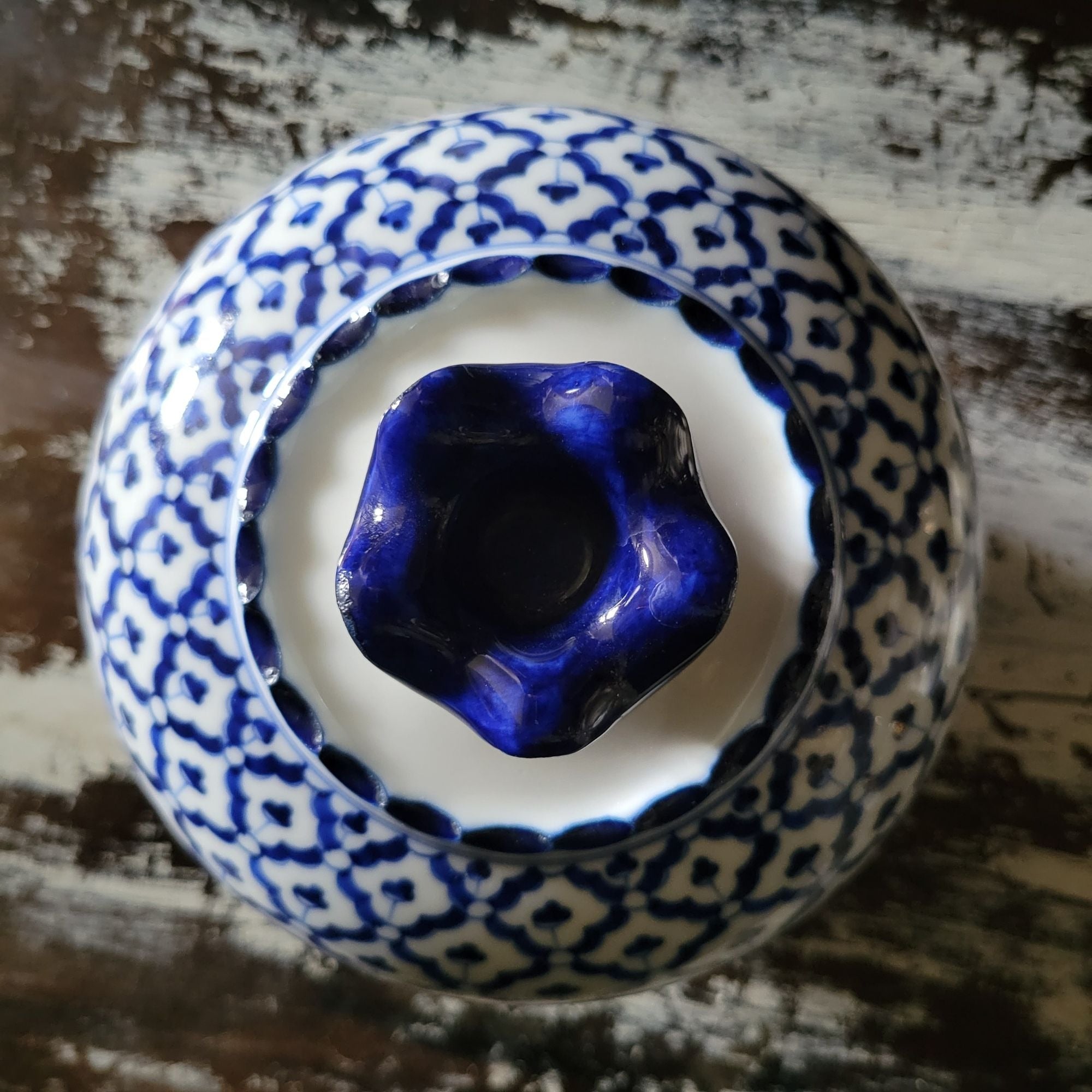Vintage Thai Porcelain Blue and White Round Lidded Jar