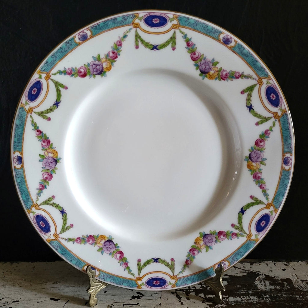 Antique Royal Worcester "Puritan" Dinner Plate Floral Swags Turquoise Rim