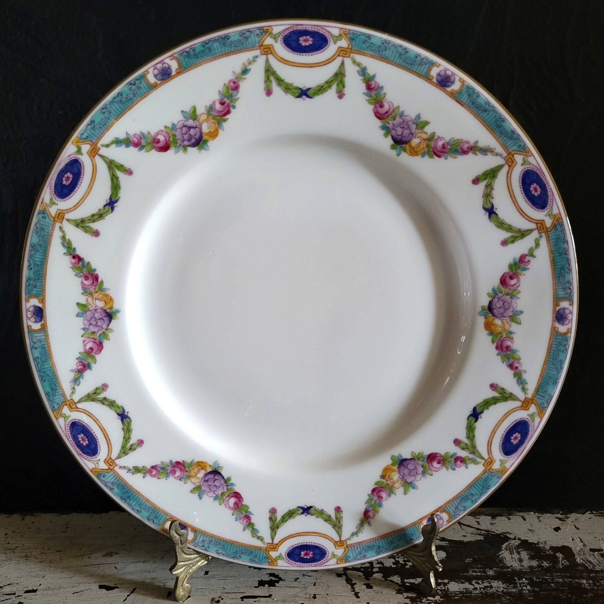 Antique Royal Worcester "Puritan" Dinner Plate Floral Swags Turquoise Rim