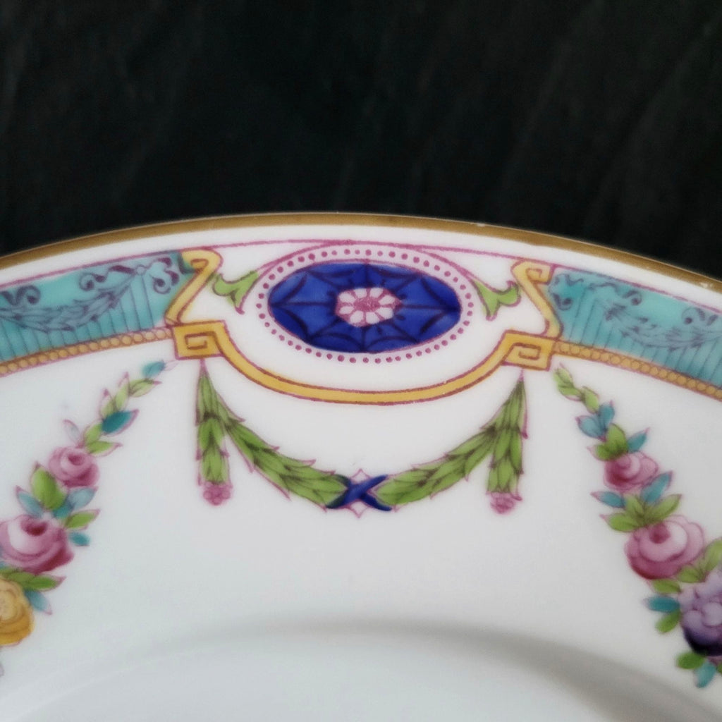 Antique Royal Worcester "Puritan" Dinner Plate Floral Swags Turquoise Rim