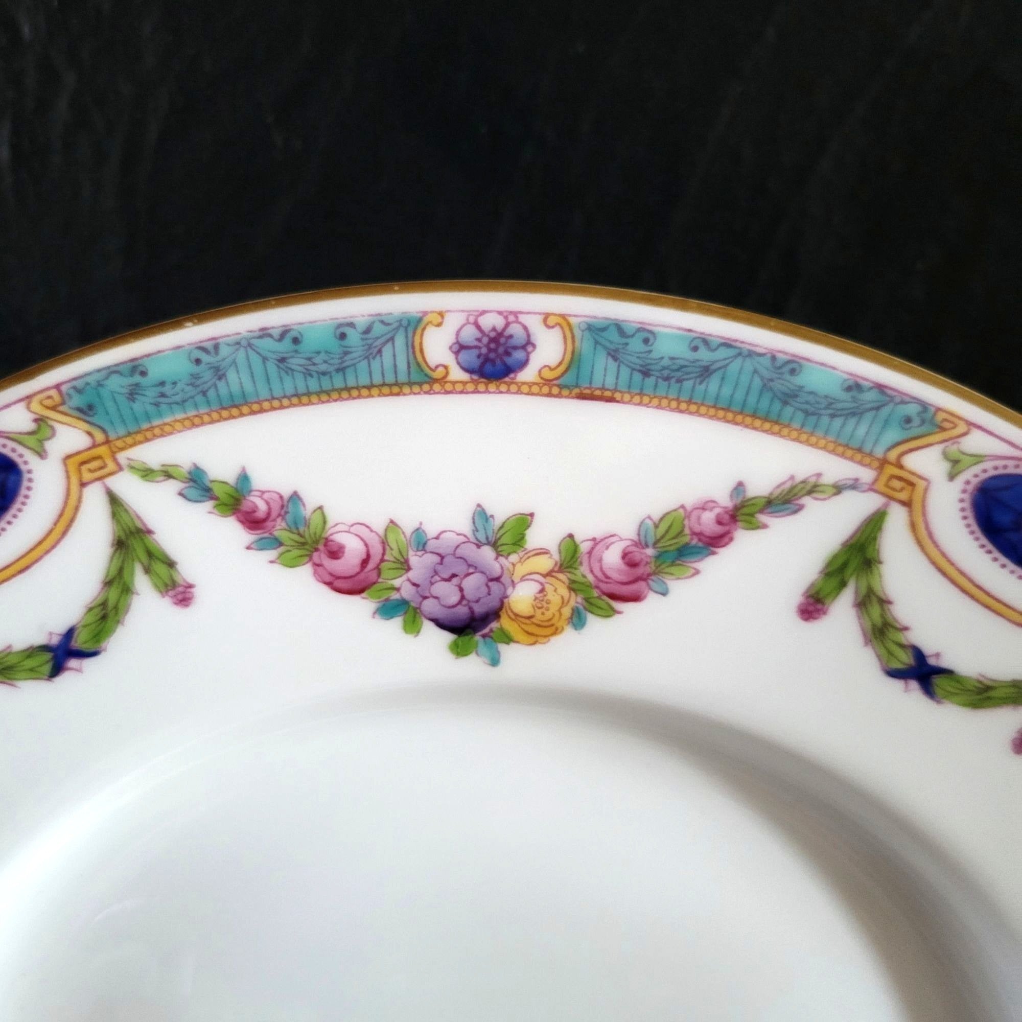 Antique Royal Worcester "Puritan" Dinner Plate Floral Swags Turquoise Rim