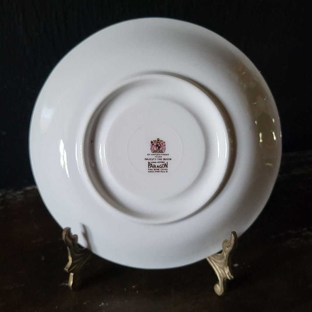 Vtg Paragon By Appointment To Her Majesty Tea Cup & Saucer Black Gold & Floral