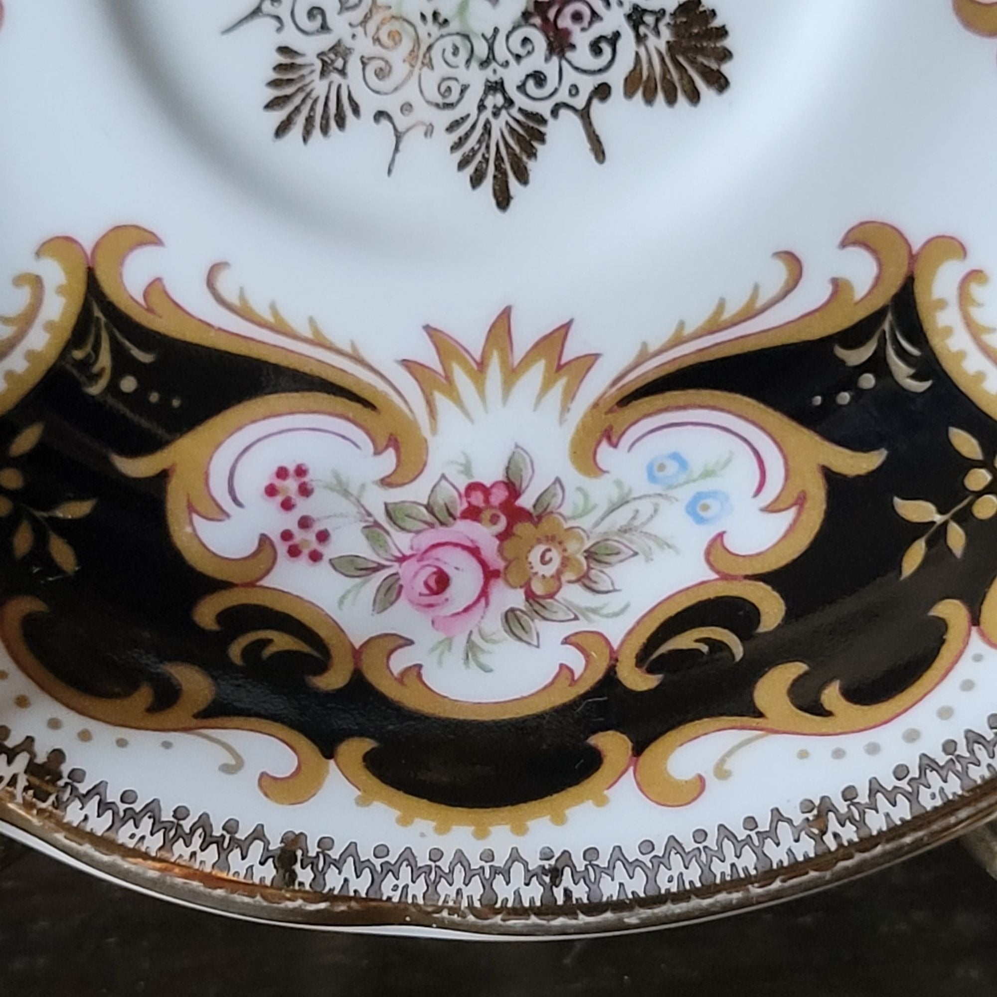 Vtg Paragon By Appointment To Her Majesty Tea Cup & Saucer Black Gold & Floral