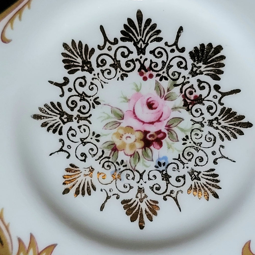 Vtg Paragon By Appointment To Her Majesty Tea Cup & Saucer Black Gold & Floral