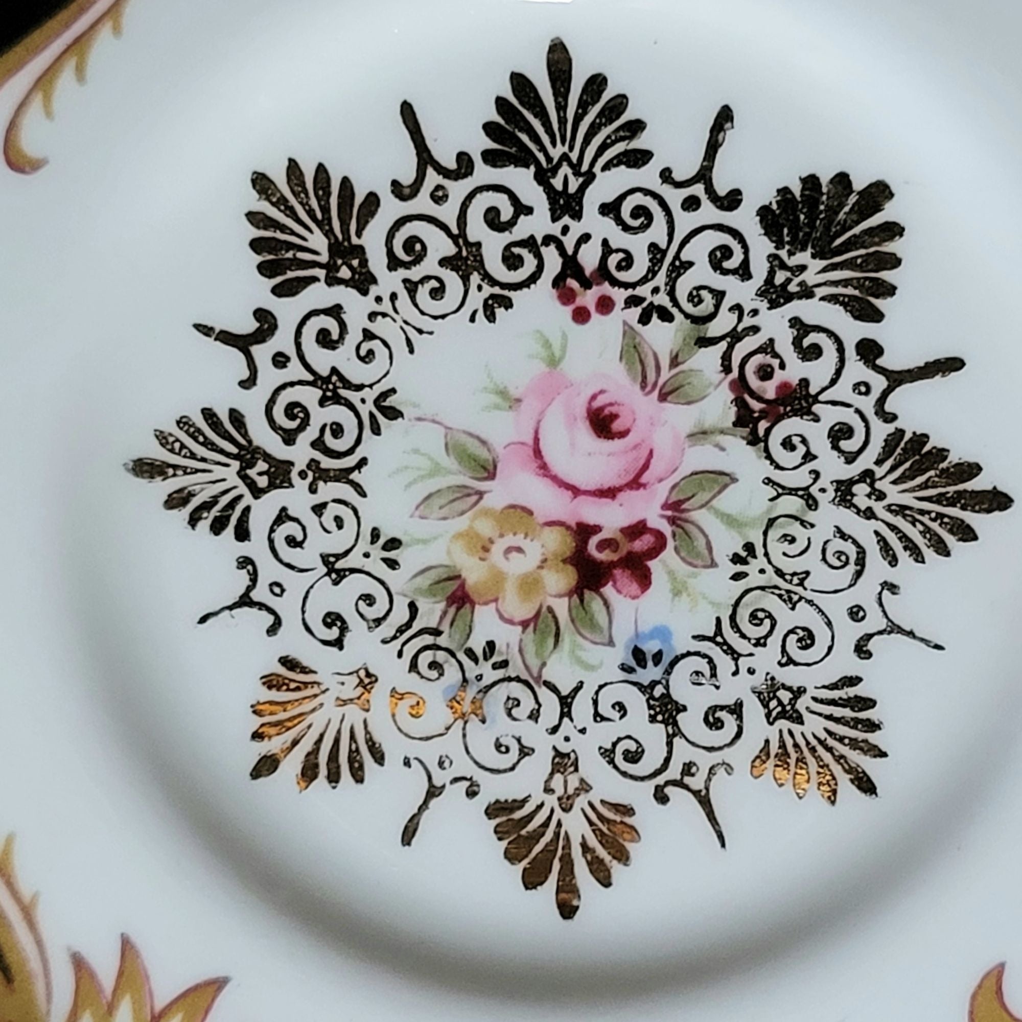 Vtg Paragon By Appointment To Her Majesty Tea Cup & Saucer Black Gold & Floral