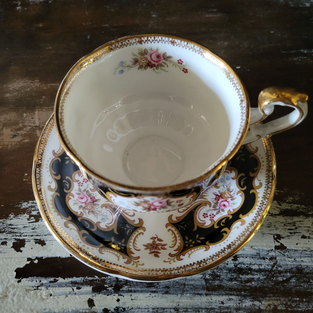 Vtg Paragon By Appointment To Her Majesty Tea Cup & Saucer Black Gold & Floral