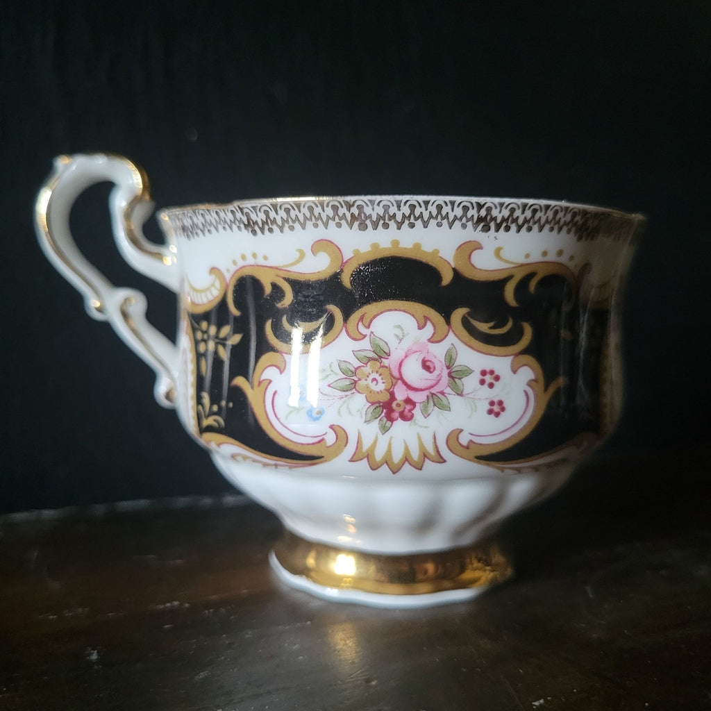 Vtg Paragon By Appointment To Her Majesty Tea Cup & Saucer Black Gold & Floral