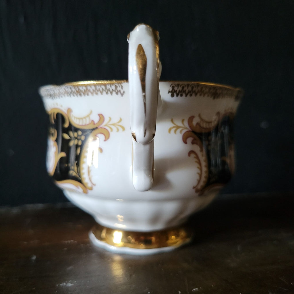 Vtg Paragon By Appointment To Her Majesty Tea Cup & Saucer Black Gold & Floral