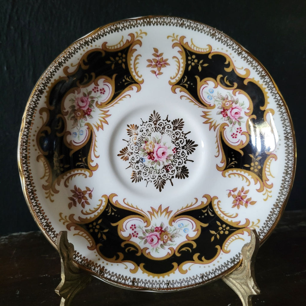 Vtg Paragon By Appointment To Her Majesty Tea Cup & Saucer Black Gold & Floral
