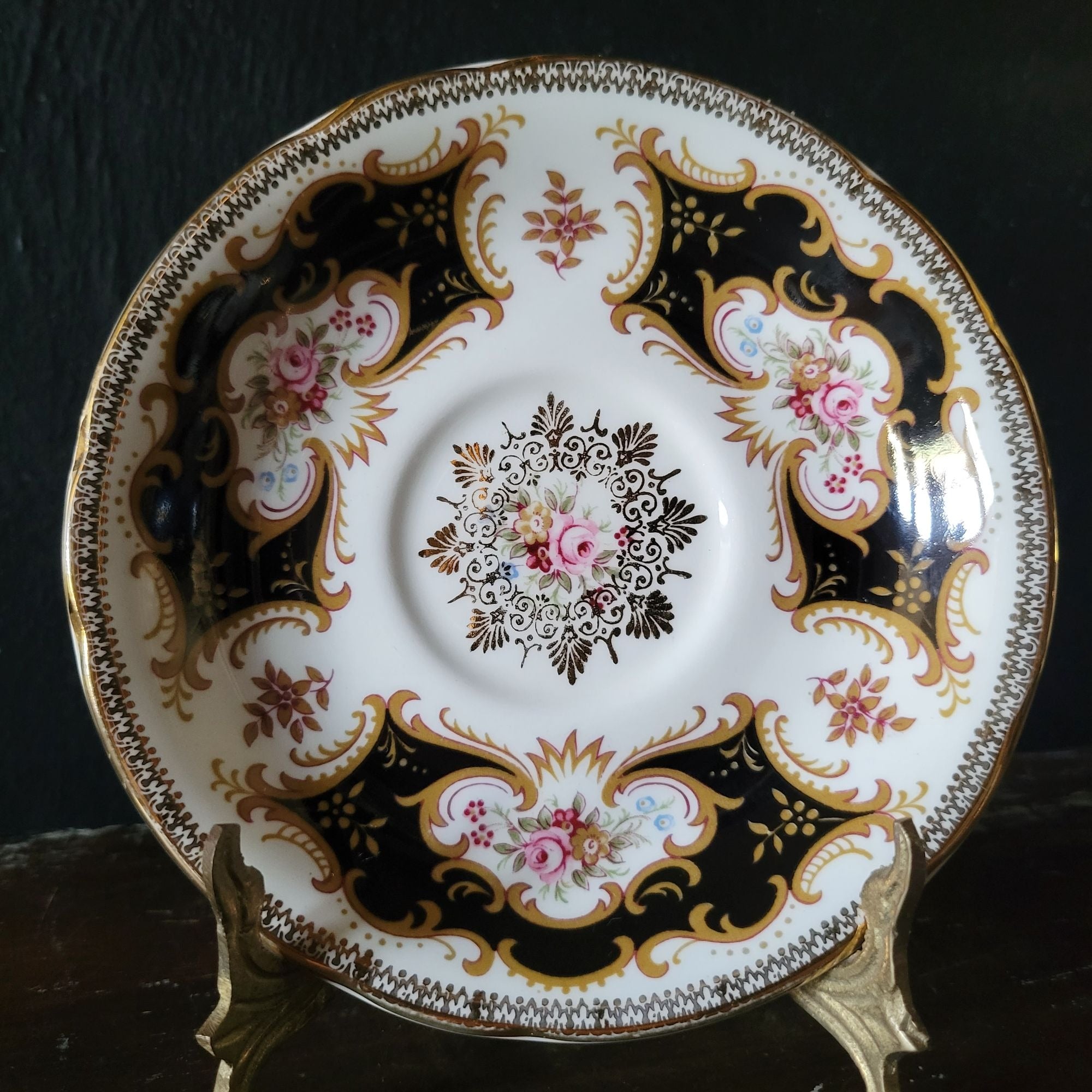 Vtg Paragon By Appointment To Her Majesty Tea Cup & Saucer Black Gold & Floral