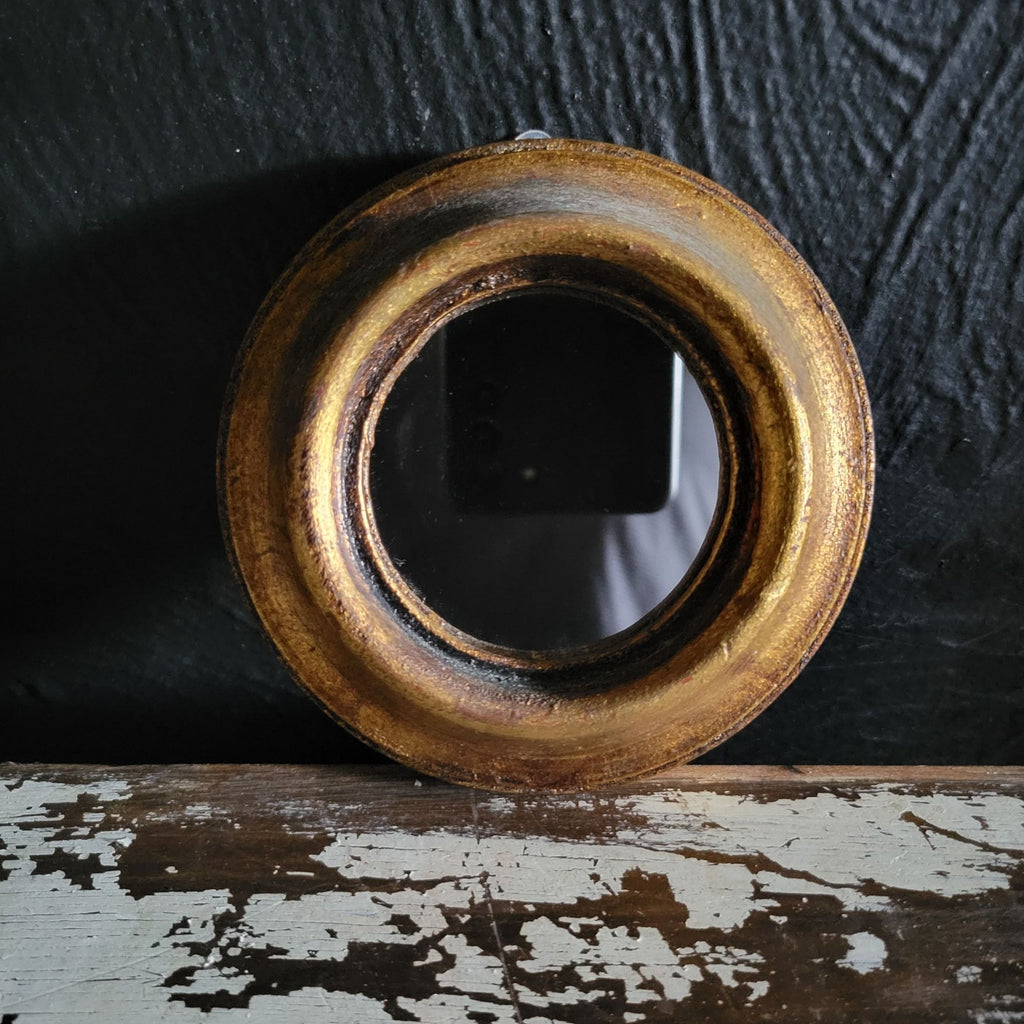 Small Vintage Gold Gilt Wood Petite Mirror 4.25" Made in Spain, Gallery Wall