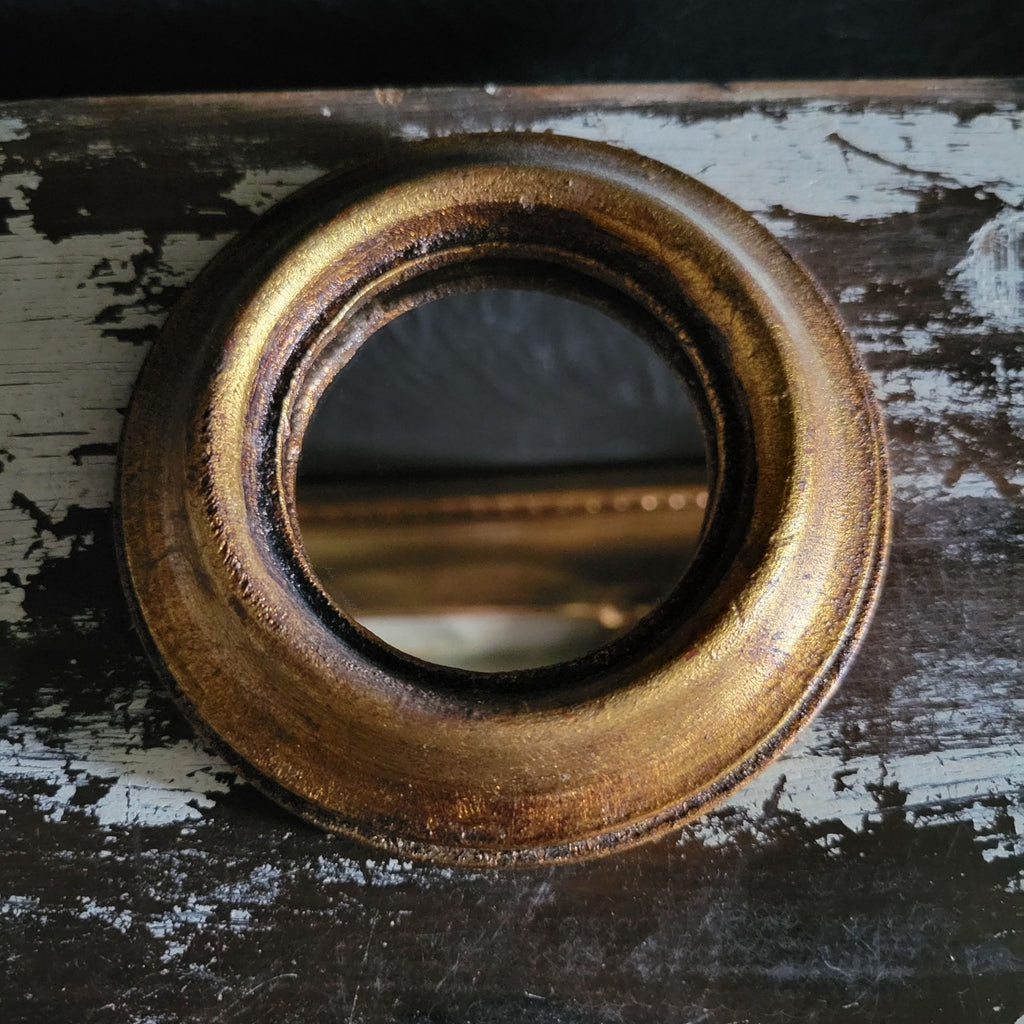 Small Vintage Gold Gilt Wood Petite Mirror 4.25" Made in Spain, Gallery Wall