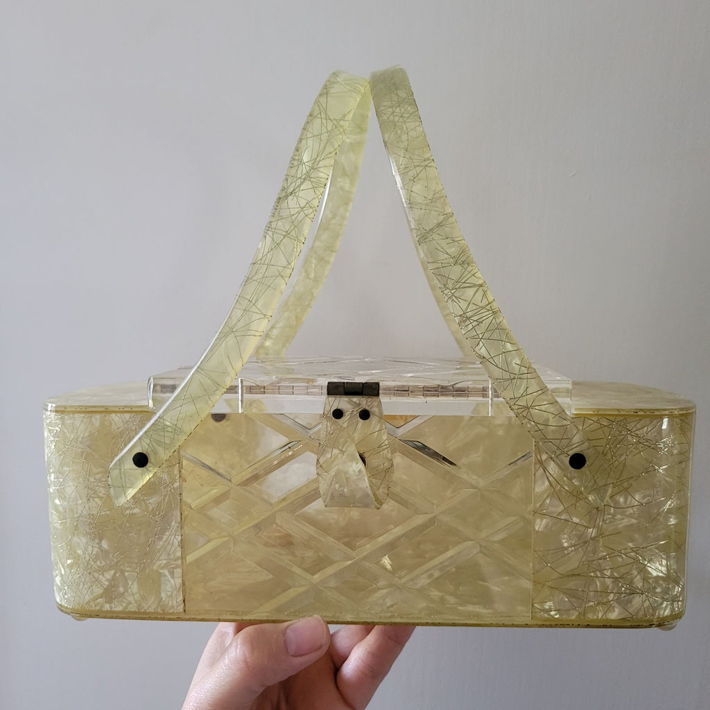 Vintage Lucite Purse Patricia of Miami Confetti String Double Handle Box Purse