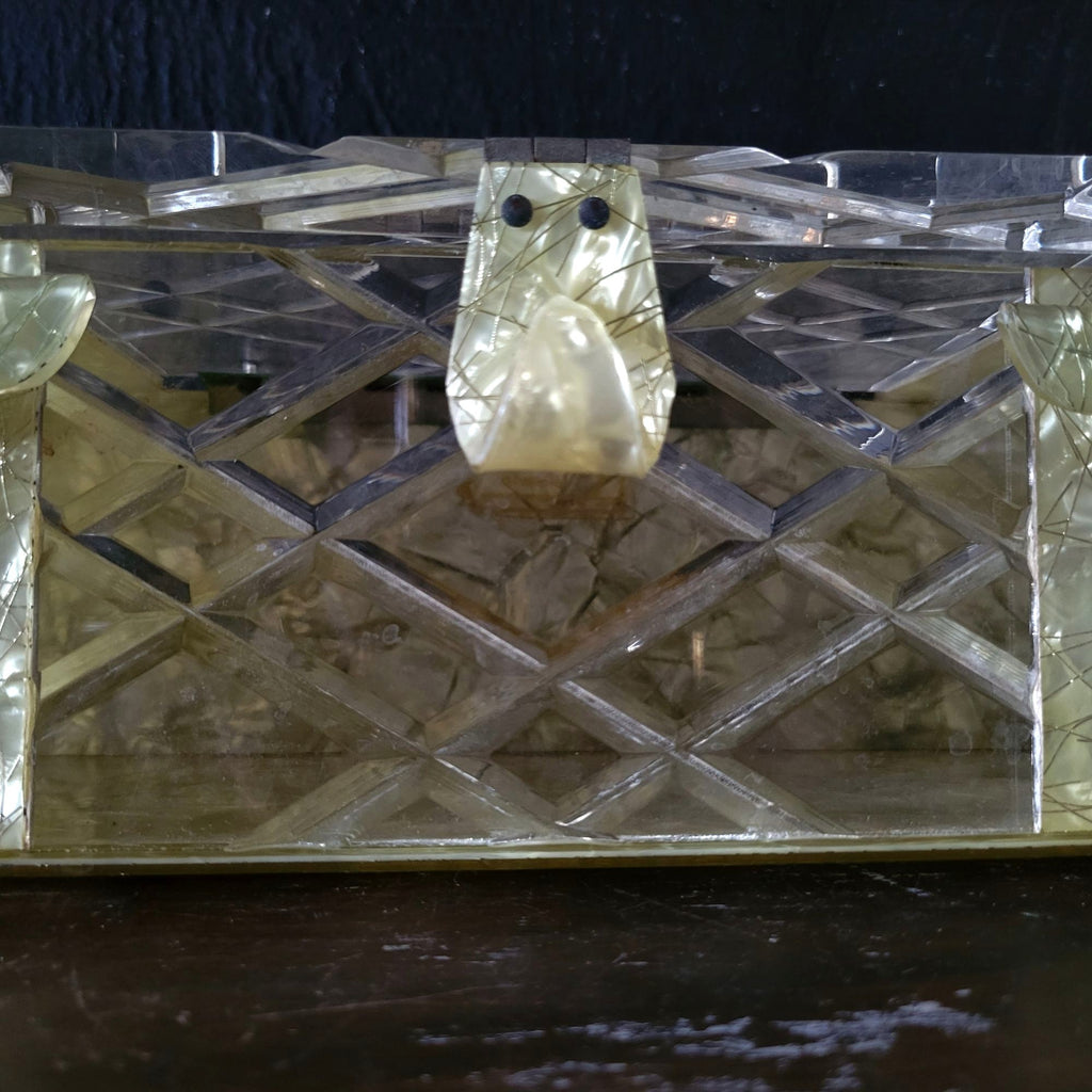 Vintage Lucite Purse Patricia of Miami Confetti String Double Handle Box Purse
