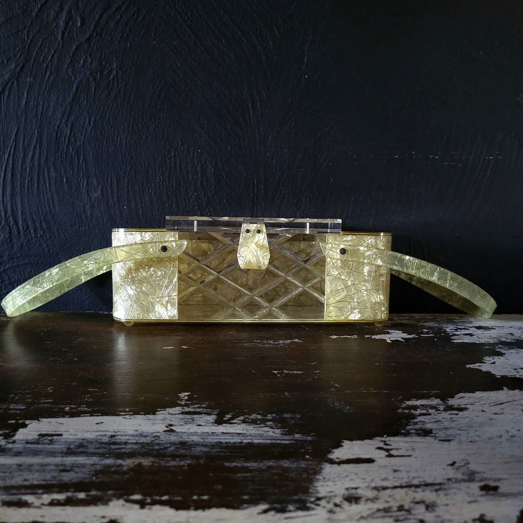 Vintage Lucite Purse Patricia of Miami Confetti String Double Handle Box Purse