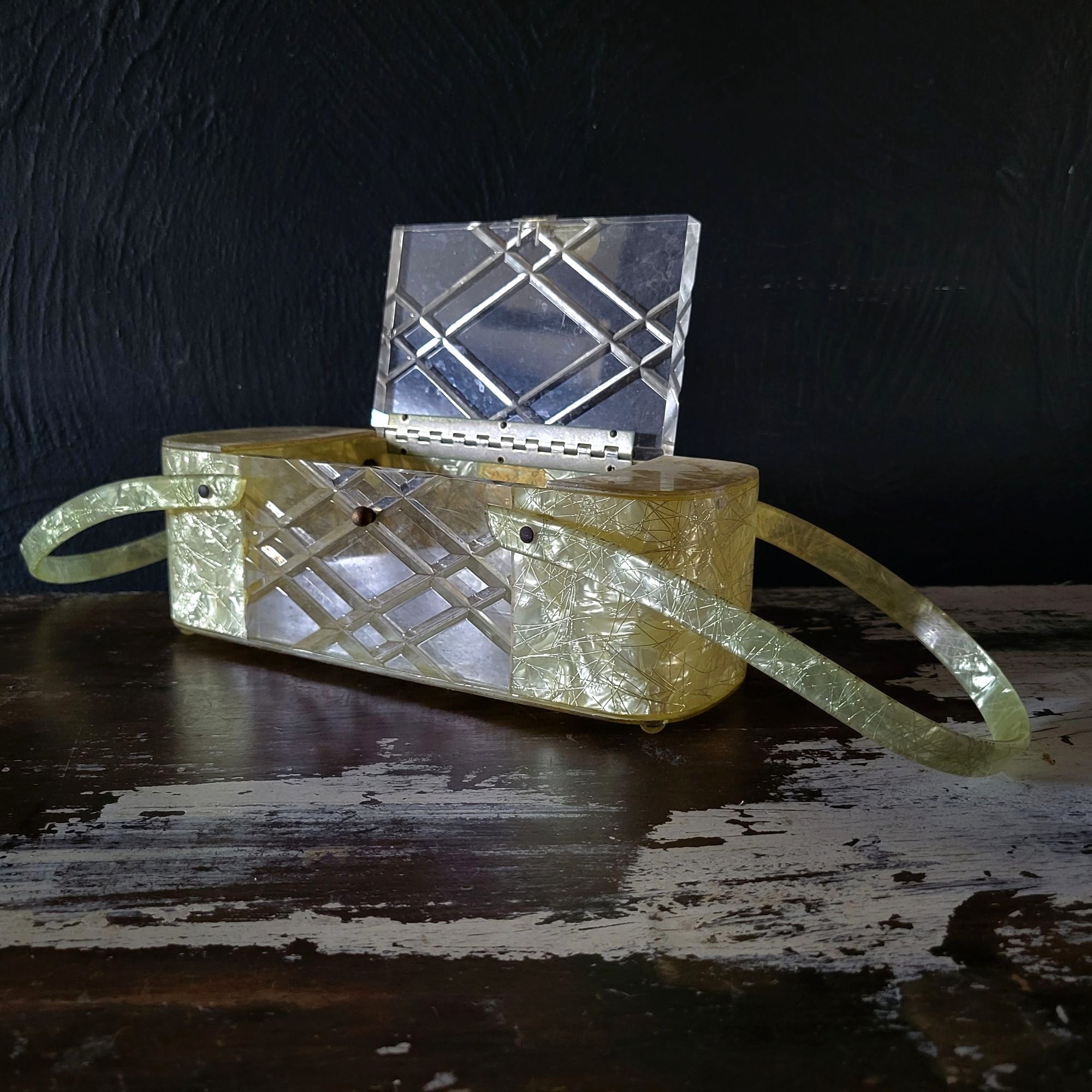Vintage Lucite Purse Patricia of Miami Confetti String Double Handle Box Purse