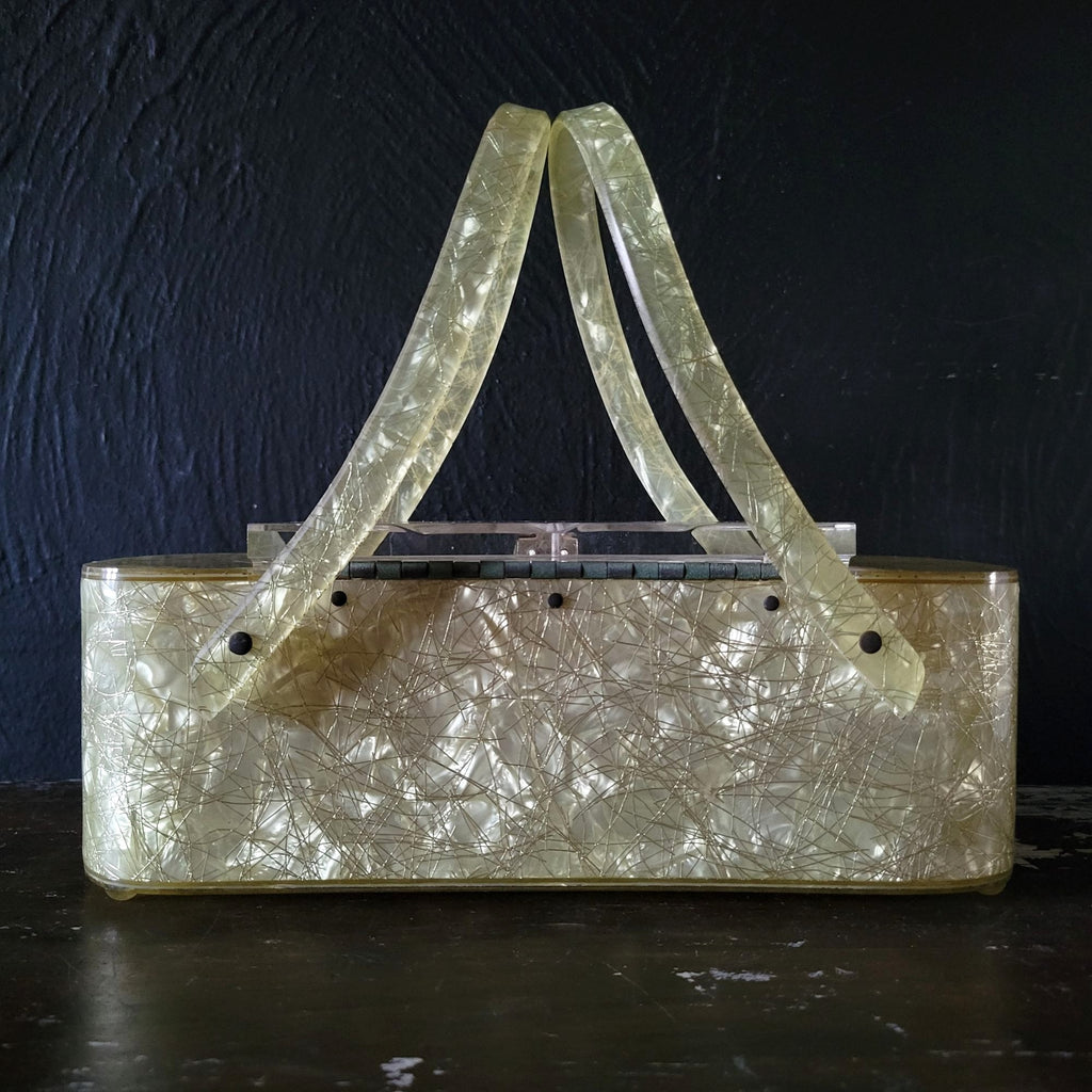 Vintage Lucite Purse Patricia of Miami Confetti String Double Handle Box Purse