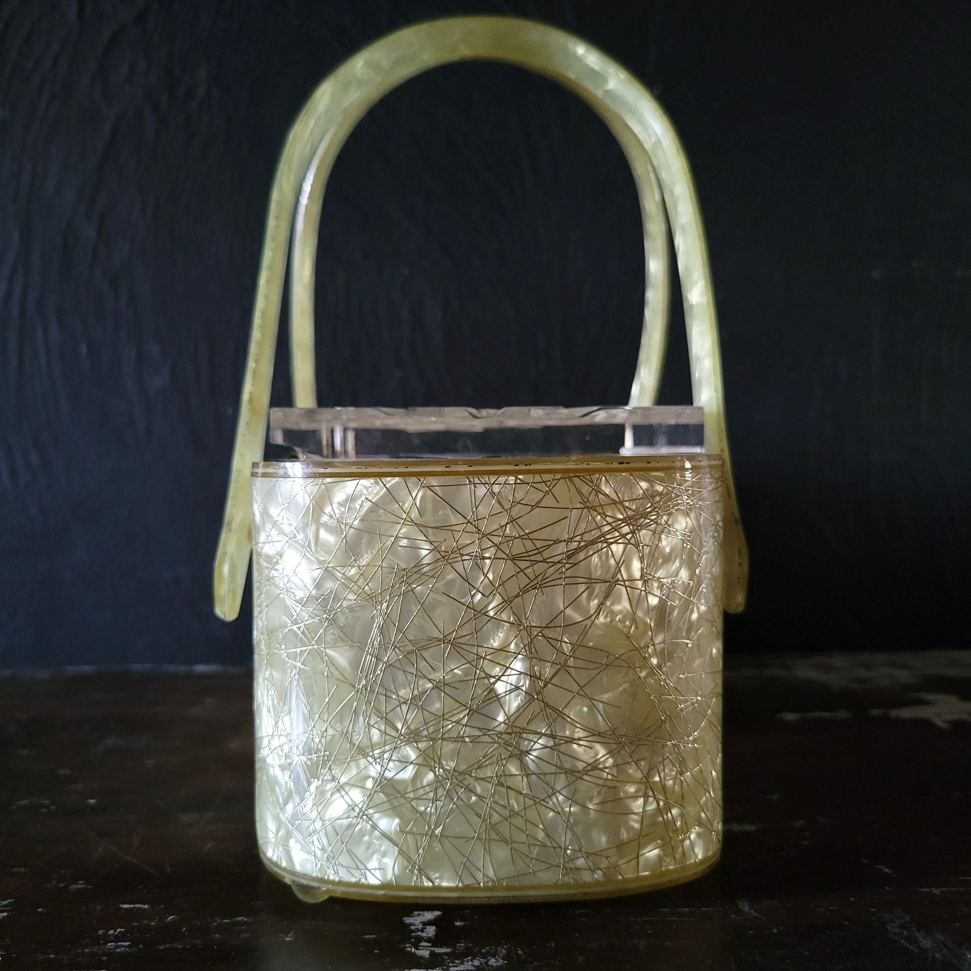 Vintage Lucite Purse Patricia of Miami Confetti String Double Handle Box Purse
