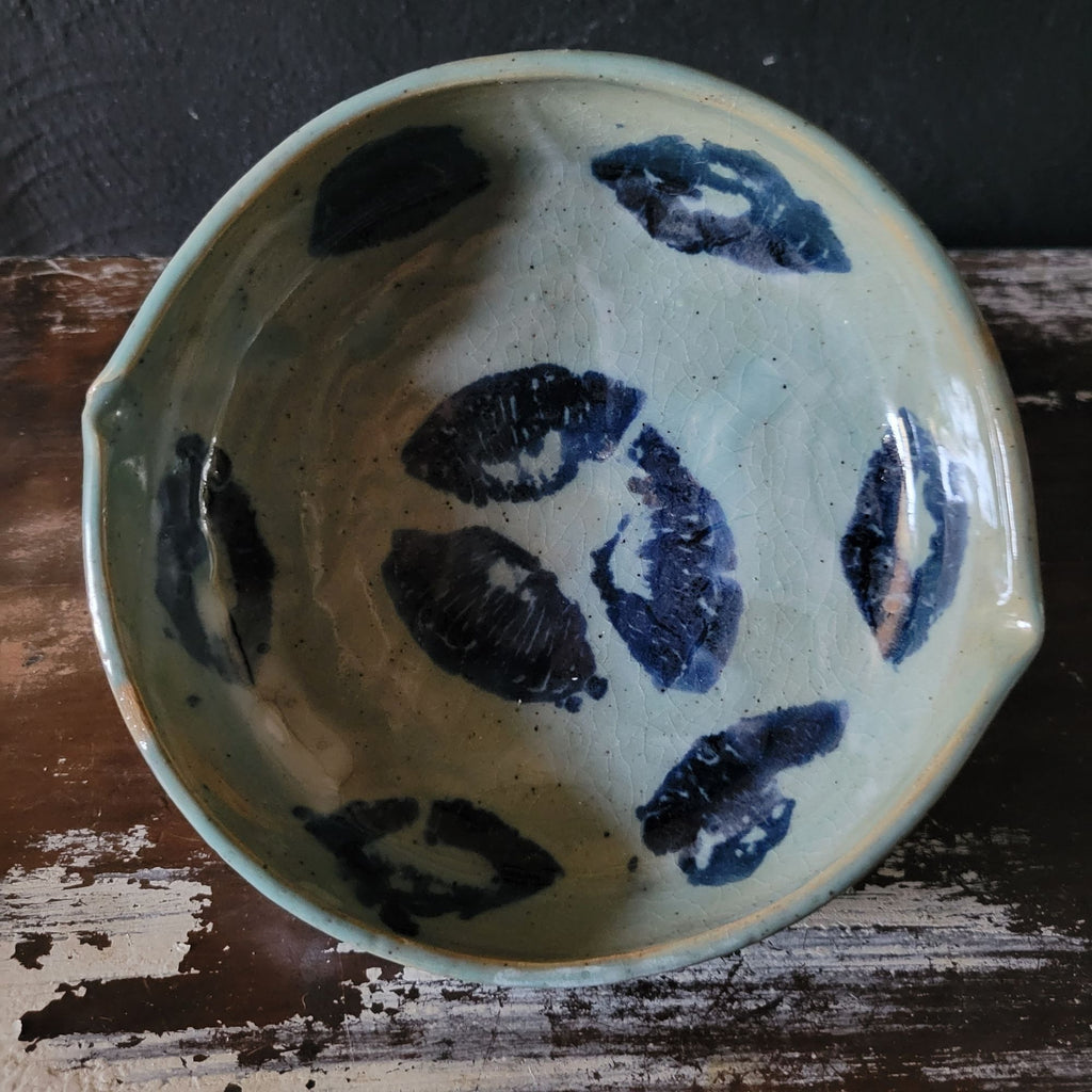 Vtg Studio Pottery Bowl Blue Brushstroke Design Double Spout and Crackle Glaze