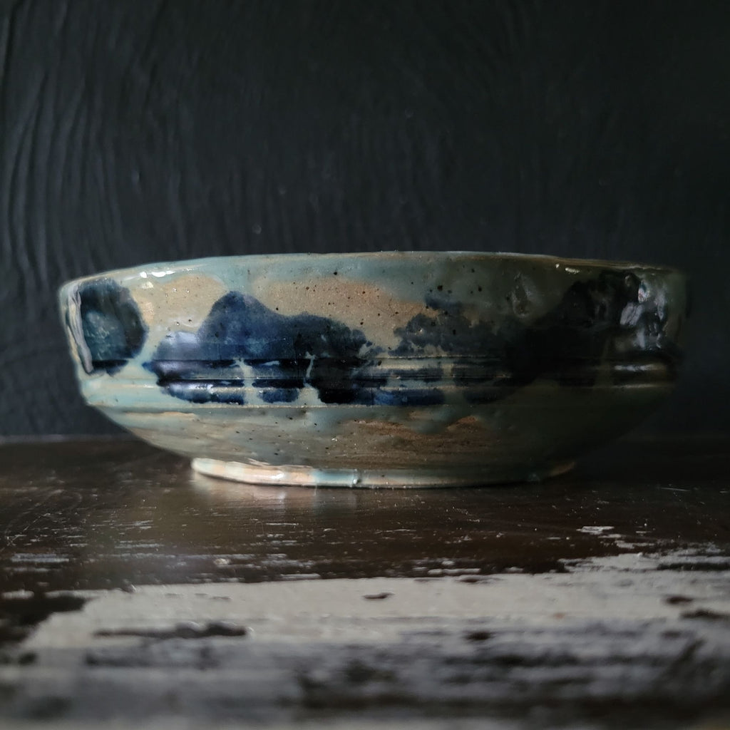 Vtg Studio Pottery Bowl Blue Brushstroke Design Double Spout and Crackle Glaze