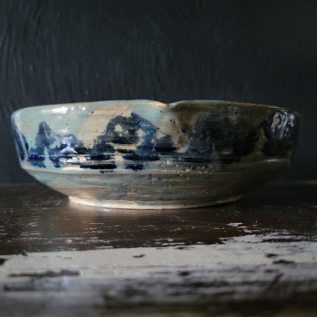 Vtg Studio Pottery Bowl Blue Brushstroke Design Double Spout and Crackle Glaze