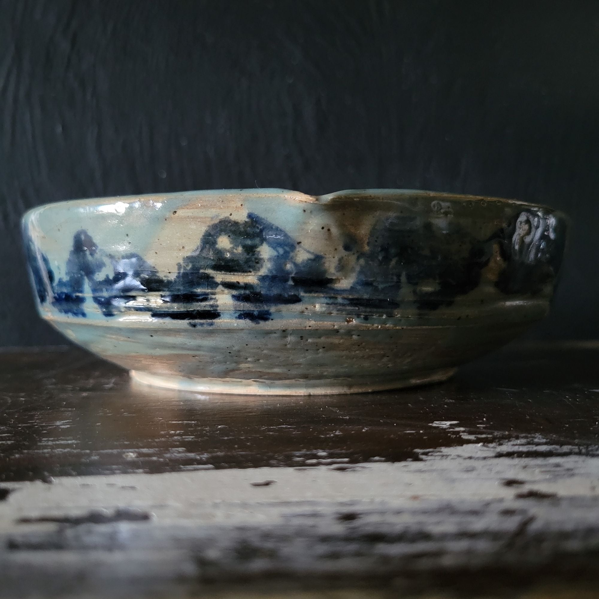 Vtg Studio Pottery Bowl Blue Brushstroke Design Double Spout and Crackle Glaze