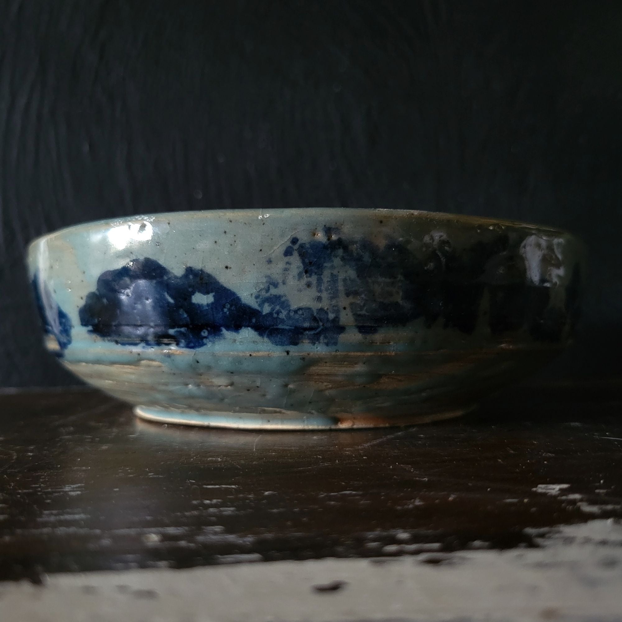 Vtg Studio Pottery Bowl Blue Brushstroke Design Double Spout and Crackle Glaze