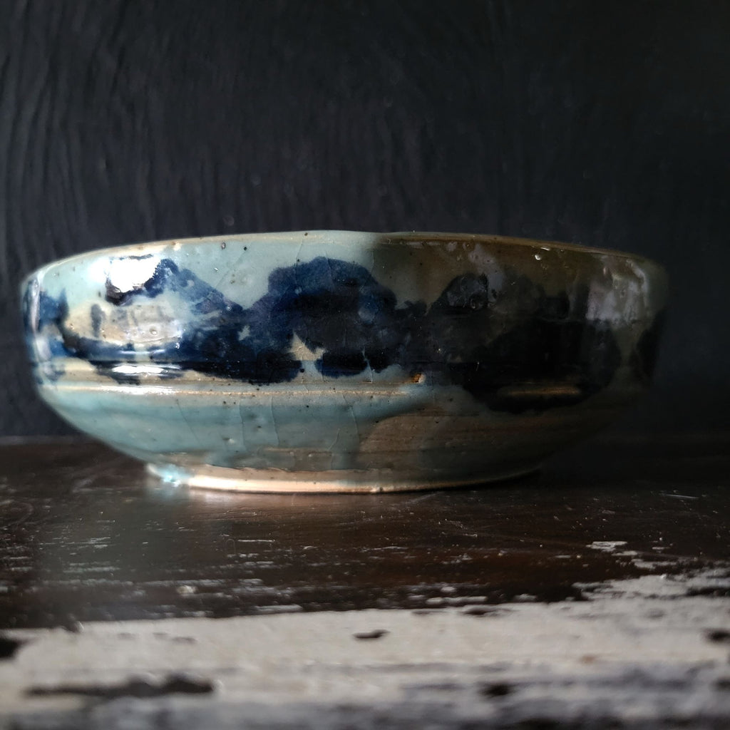 Vtg Studio Pottery Bowl Blue Brushstroke Design Double Spout and Crackle Glaze