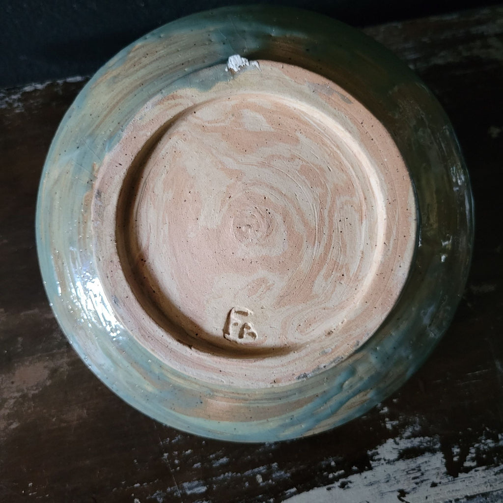 Vtg Studio Pottery Bowl Blue Brushstroke Design Double Spout and Crackle Glaze