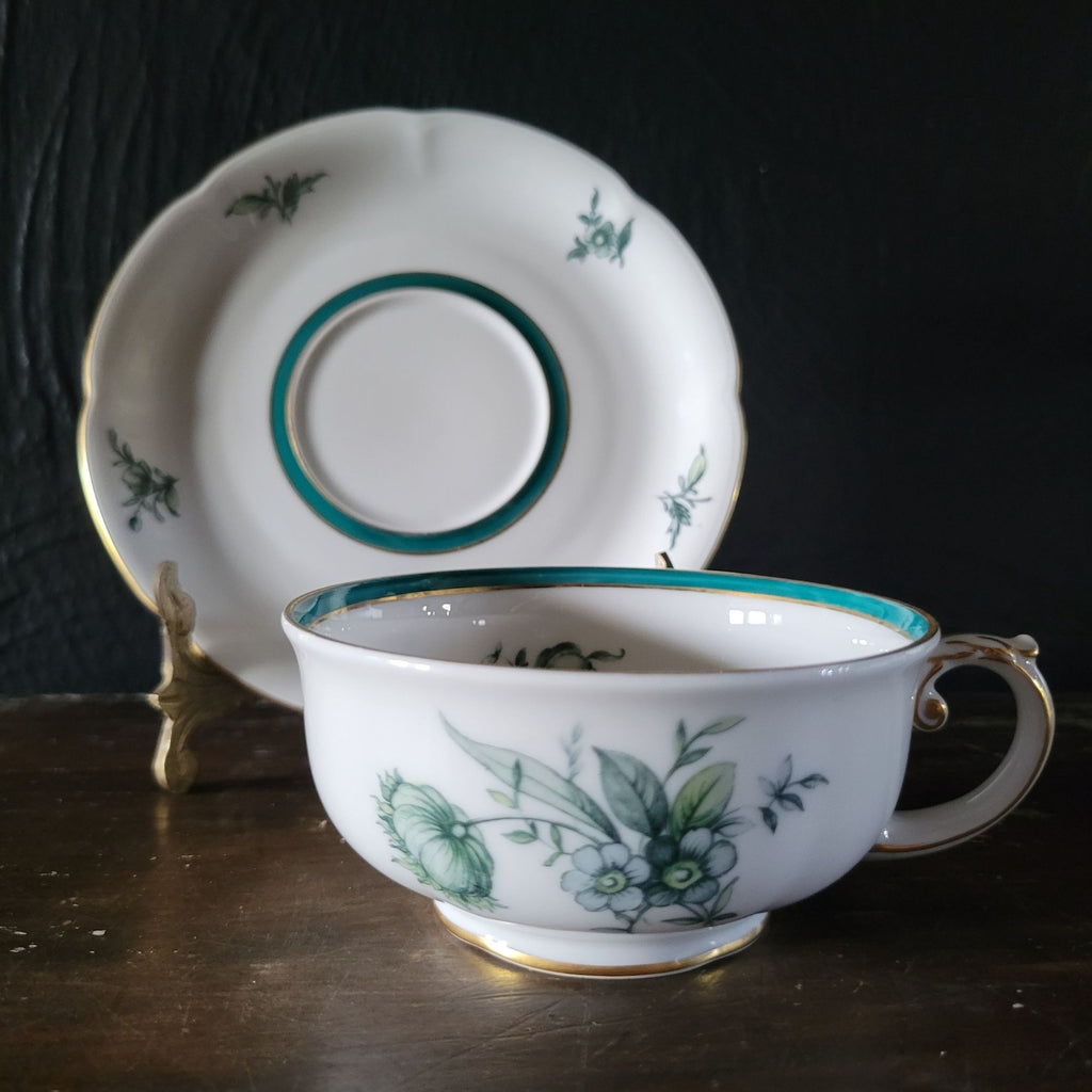 Vtg Royal Bayreuth Teal Tulip Footed Tea Cup and Saucer Floral Design Gold Trim