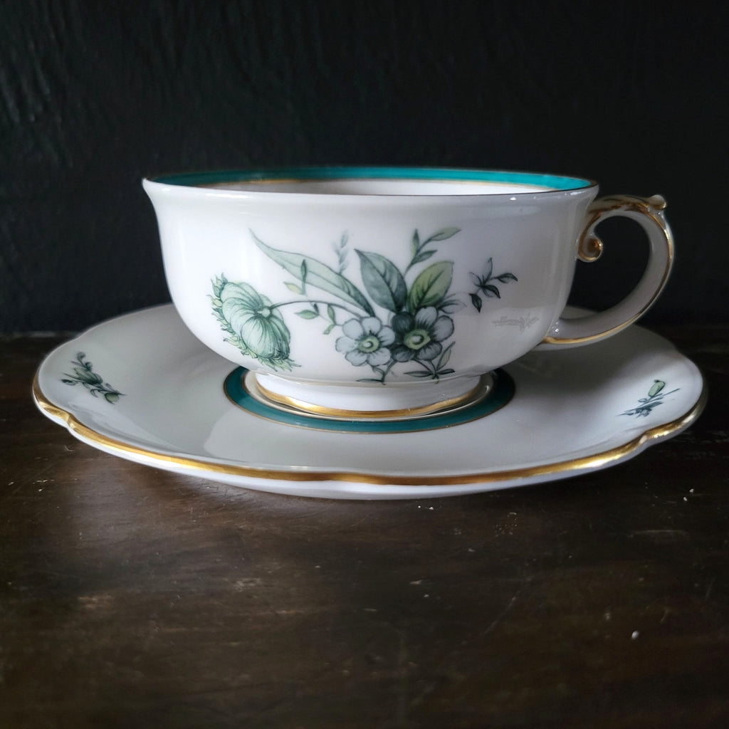 Vtg Royal Bayreuth Teal Tulip Footed Tea Cup and Saucer Floral Design Gold Trim