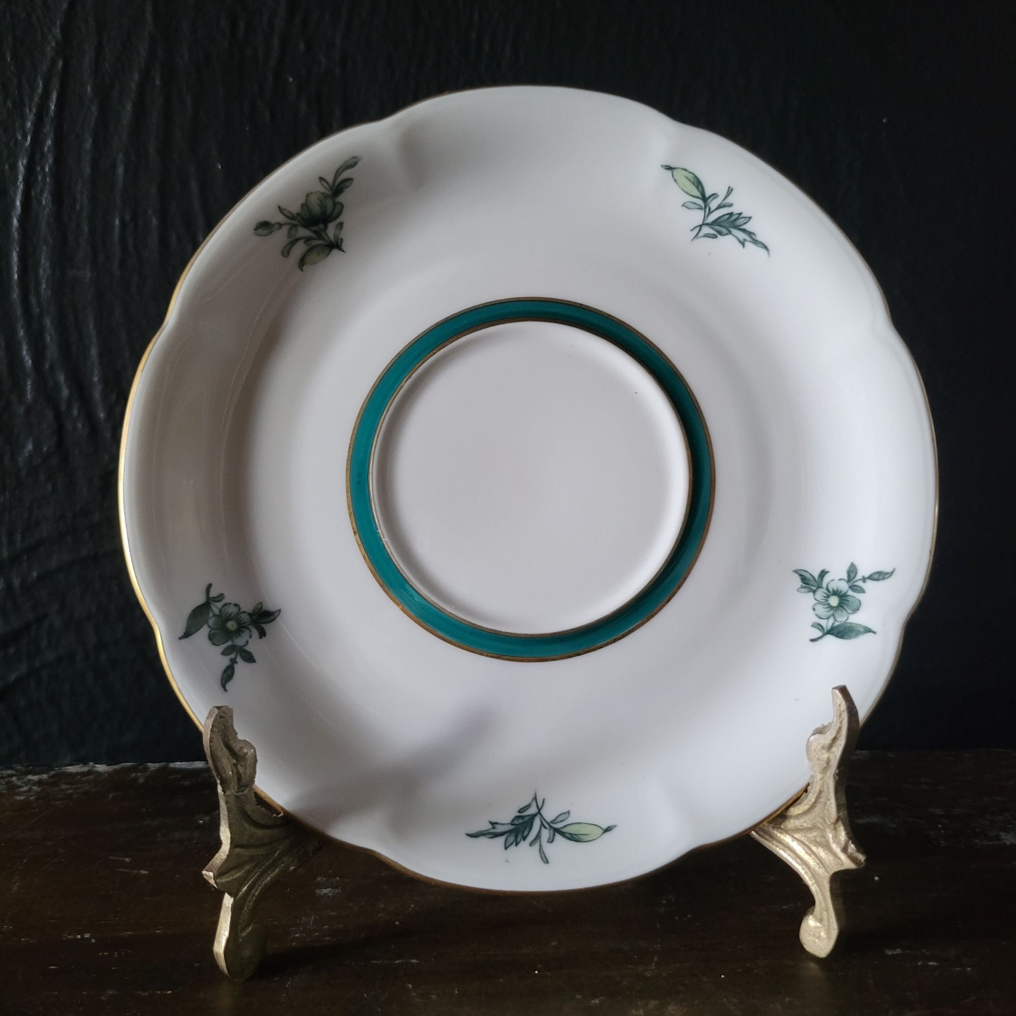 Vtg Royal Bayreuth Teal Tulip Footed Tea Cup and Saucer Floral Design Gold Trim