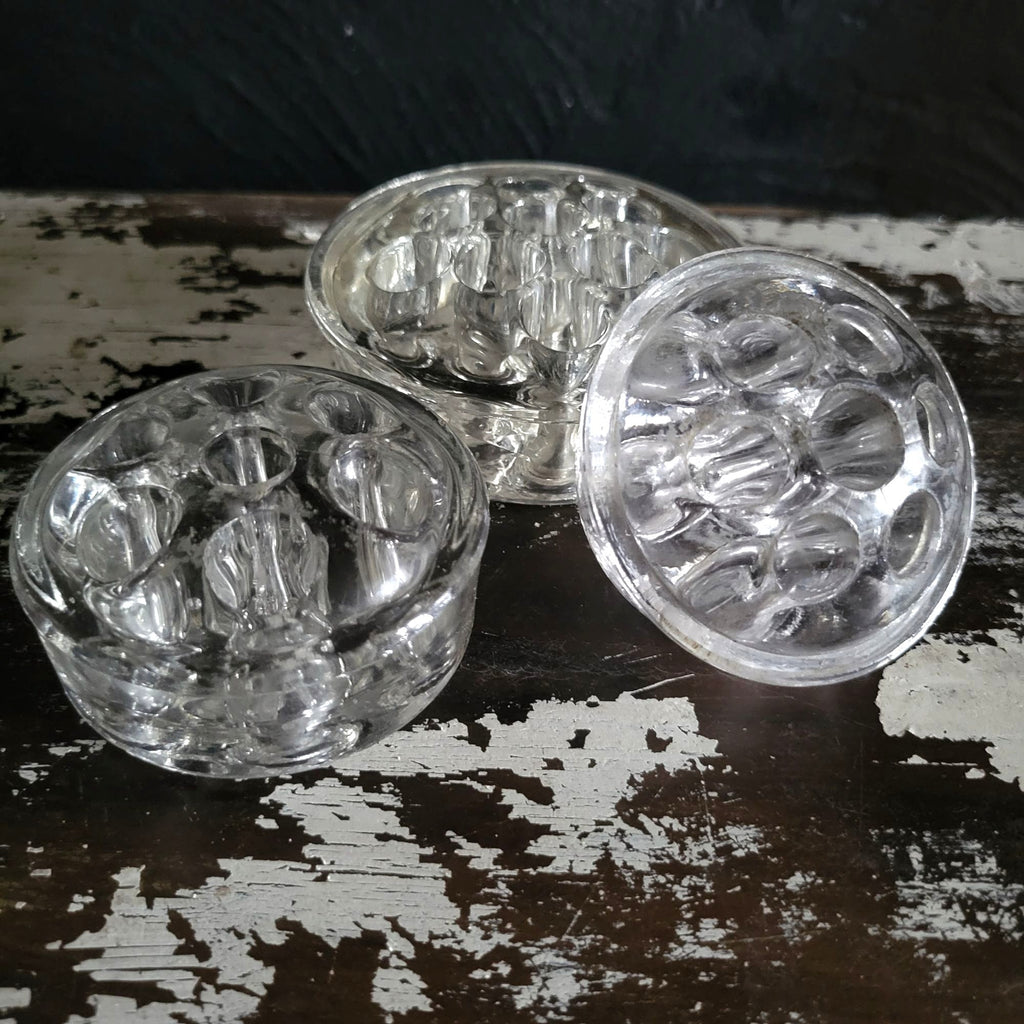 Set Of 3 Vintage Clear Glass Flower Frogs Floral Arrangements, Marble Holders