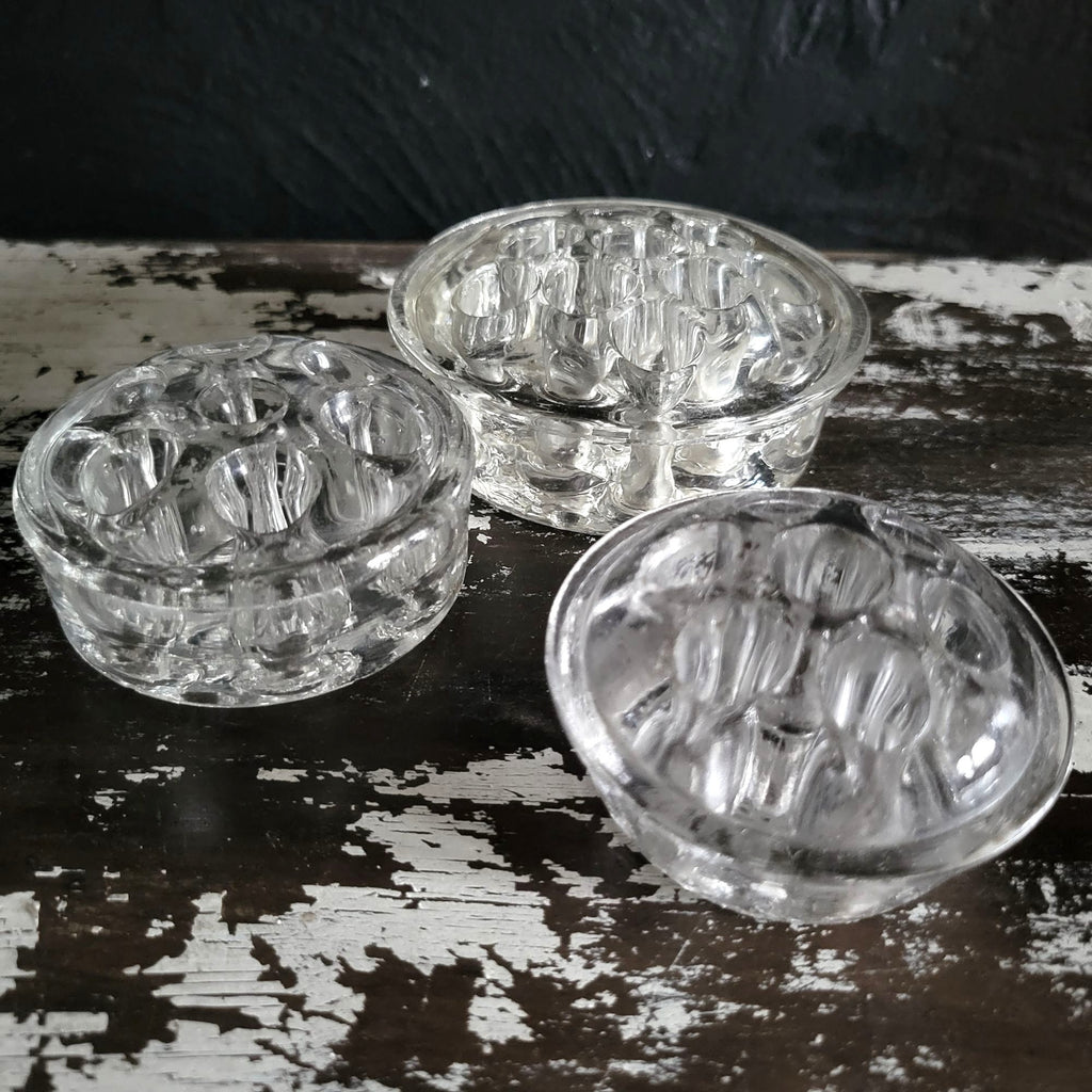Set Of 3 Vintage Clear Glass Flower Frogs Floral Arrangements, Marble Holders