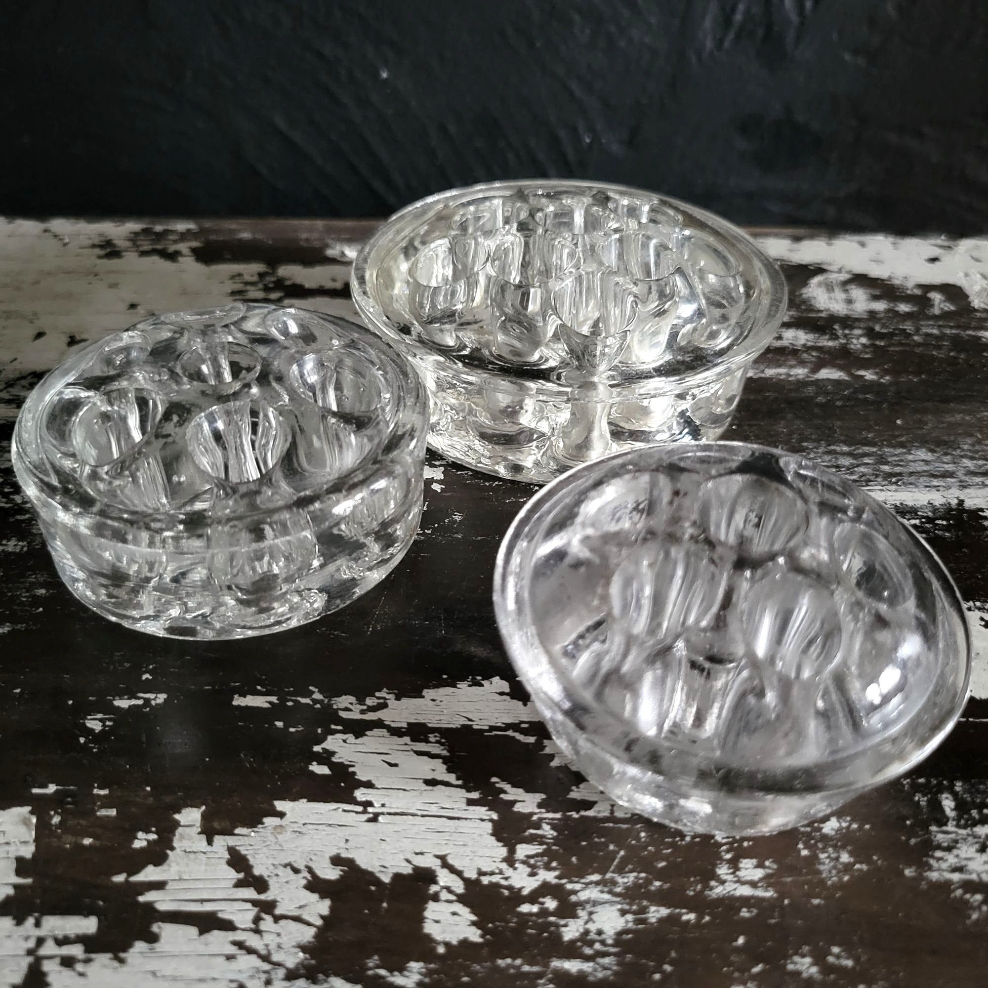 Set Of 3 Vintage Clear Glass Flower Frogs Floral Arrangements, Marble Holders