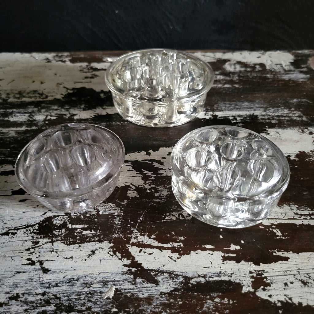 Set Of 3 Vintage Clear Glass Flower Frogs Floral Arrangements, Marble Holders