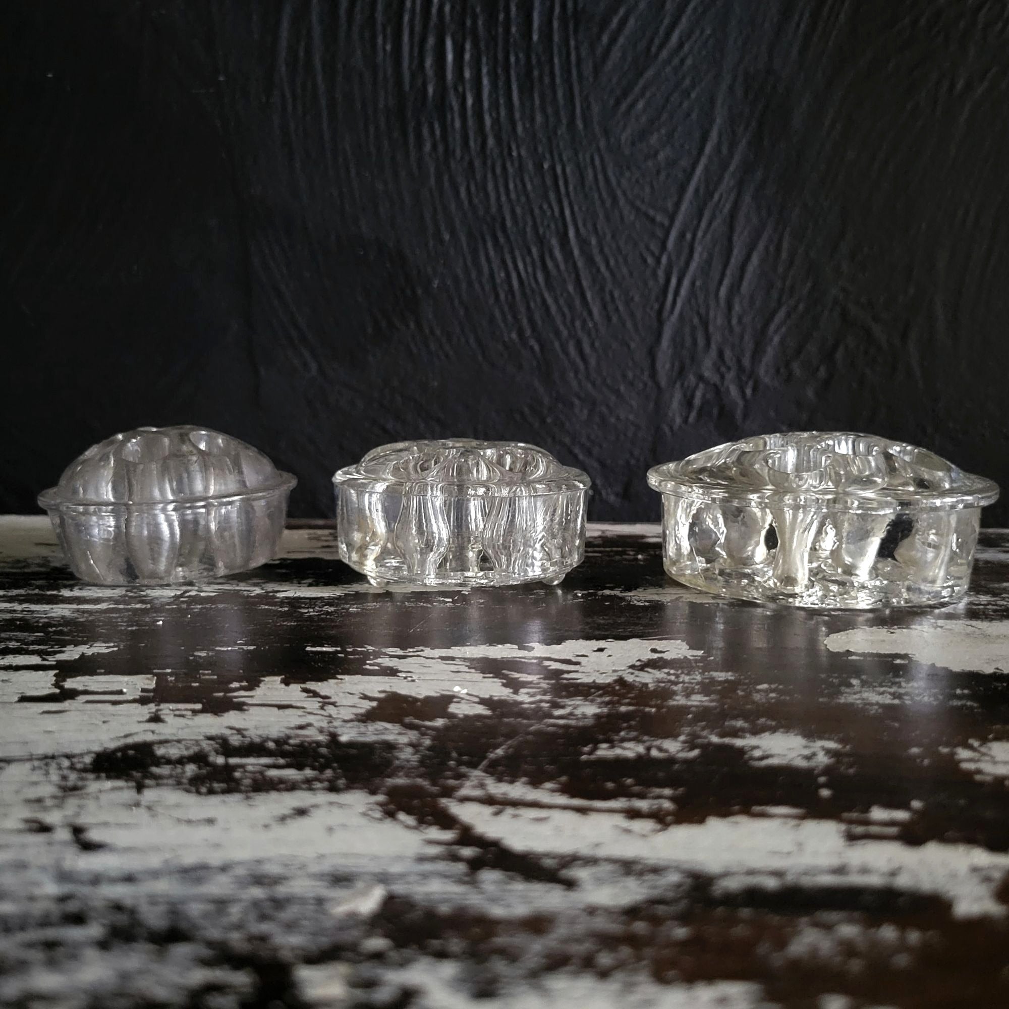 Set Of 3 Vintage Clear Glass Flower Frogs Floral Arrangements, Marble Holders