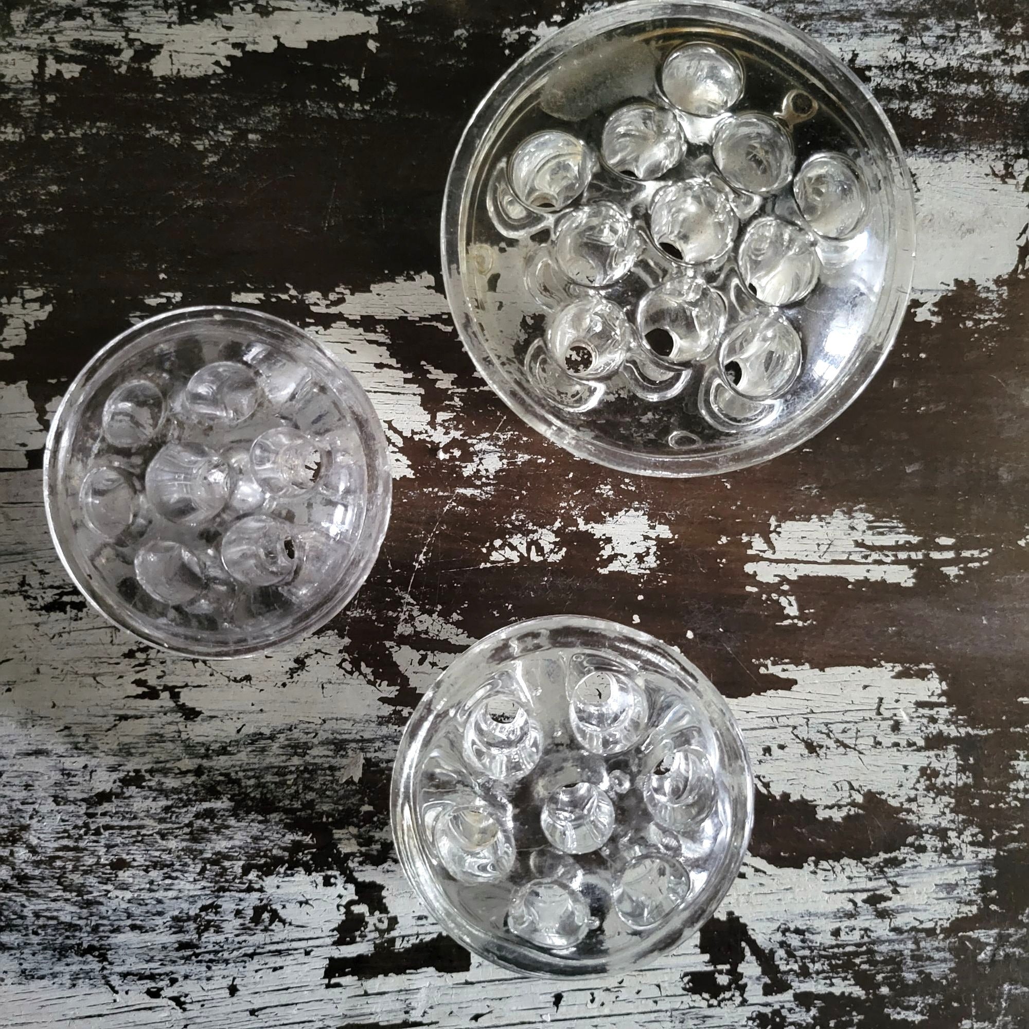 Set Of 3 Vintage Clear Glass Flower Frogs Floral Arrangements, Marble Holders