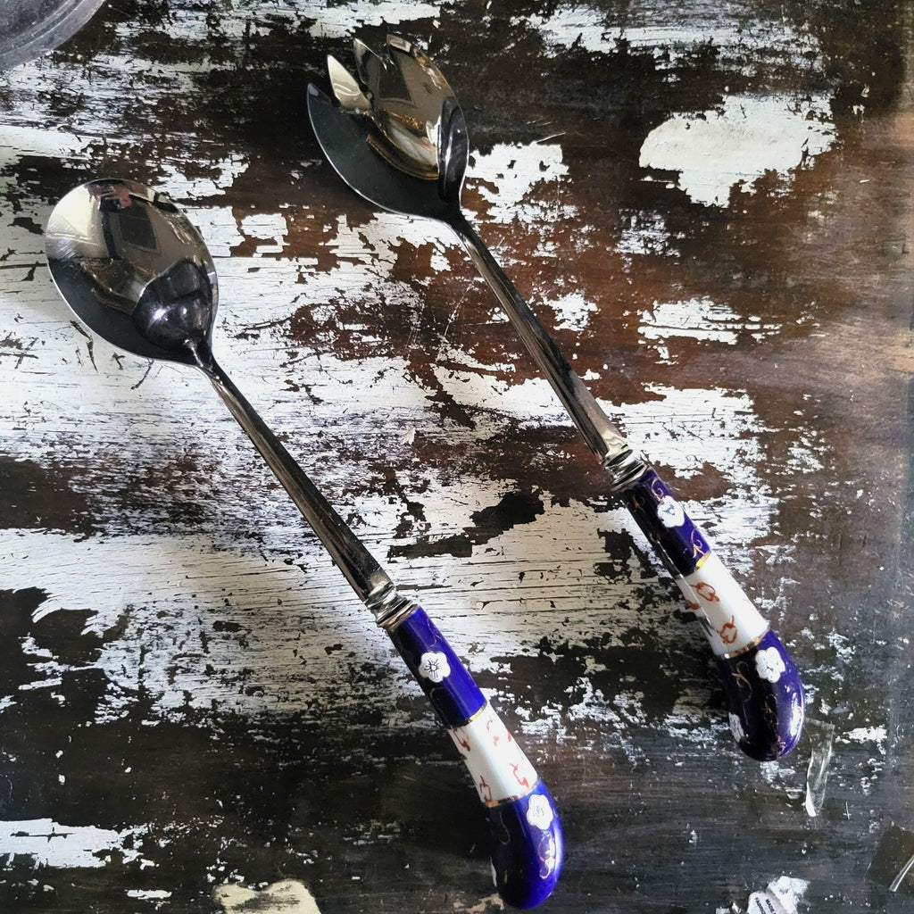 Sheffield England Porcelain Handle Salad Fork & Spoon Cobalt Blue and Floral