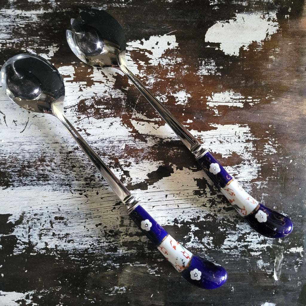 Sheffield England Porcelain Handle Salad Fork & Spoon Cobalt Blue and Floral