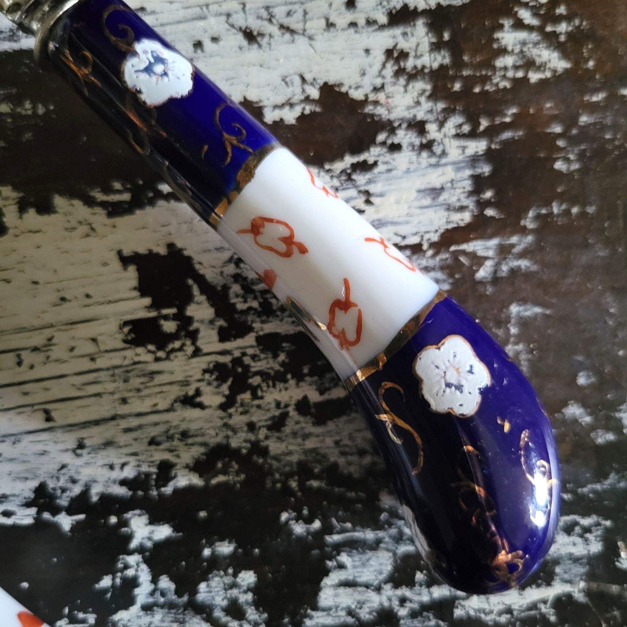 Sheffield England Porcelain Handle Salad Fork & Spoon Cobalt Blue and Floral