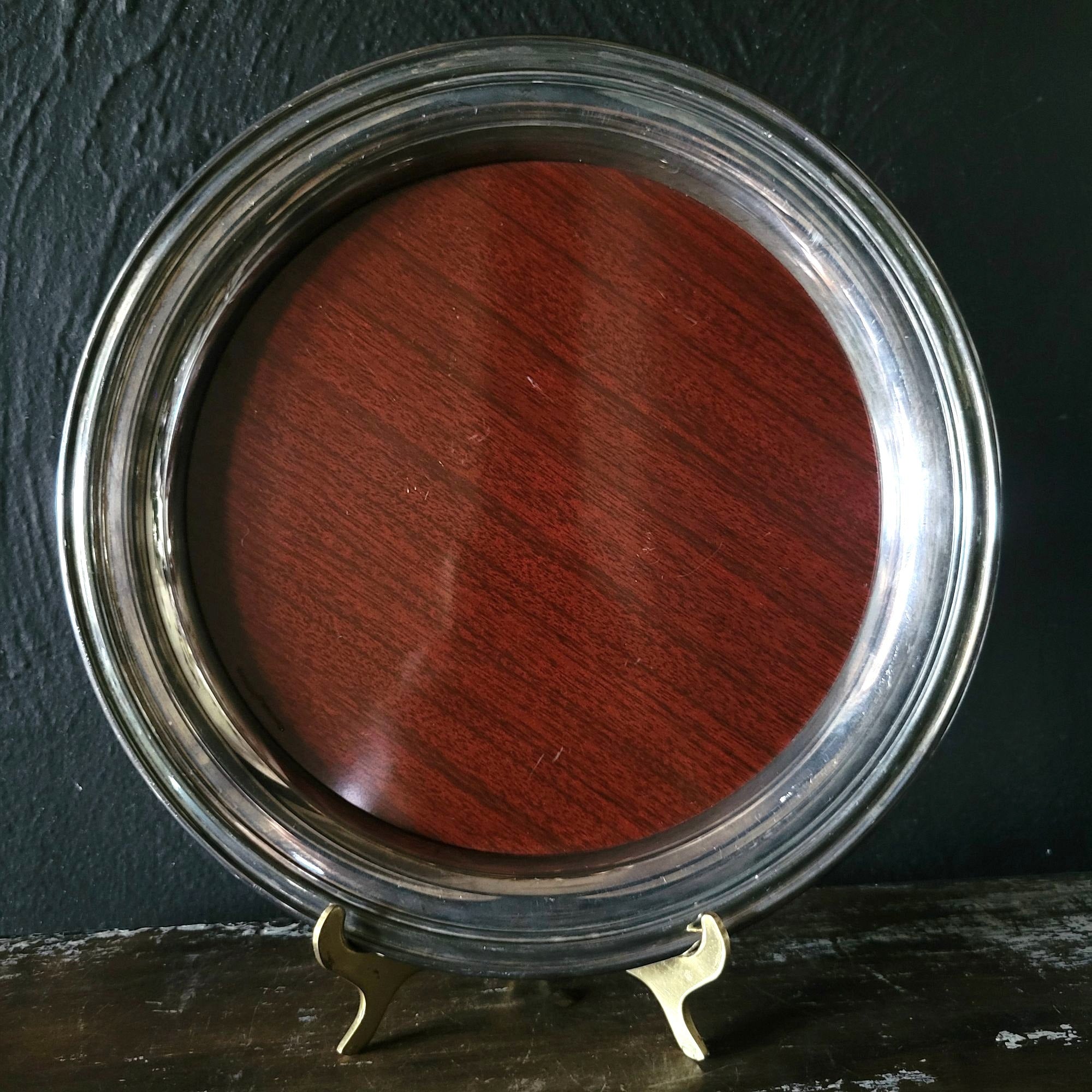 Vtg Crescent Faux Wood & Silverplate 9.625" Round Serving Bar Tray, Vtg Barware