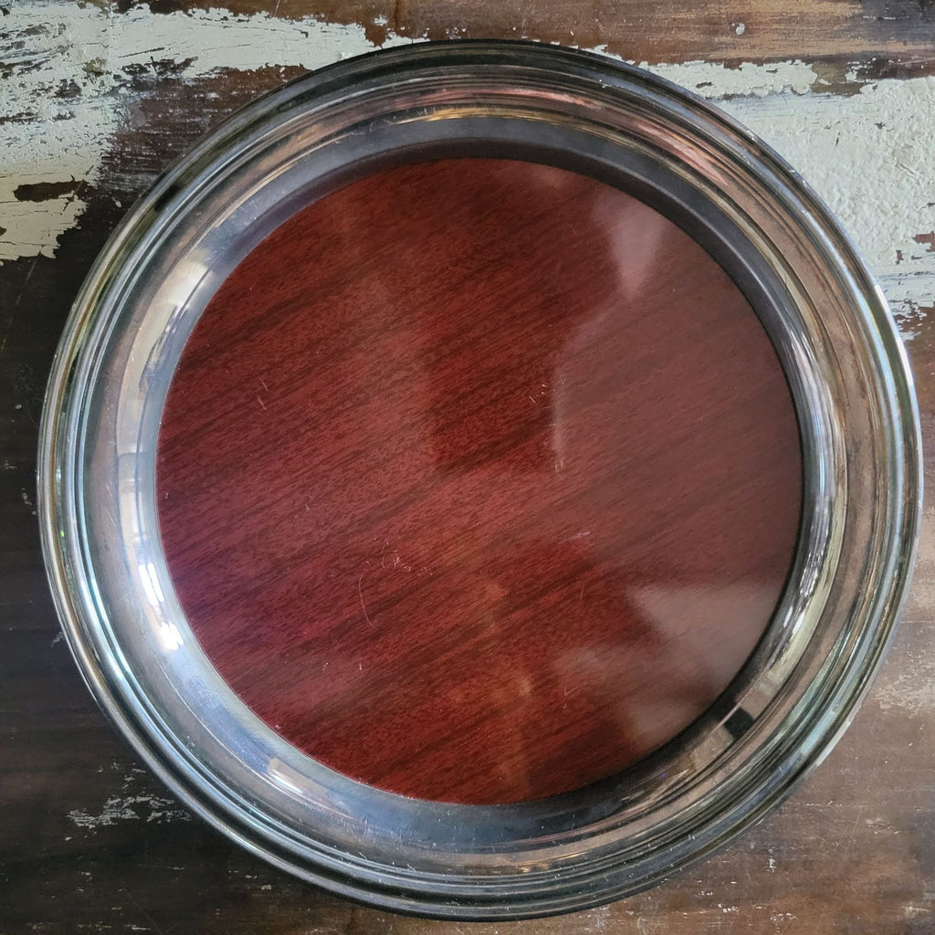 Vtg Crescent Faux Wood & Silverplate 9.625" Round Serving Bar Tray, Vtg Barware