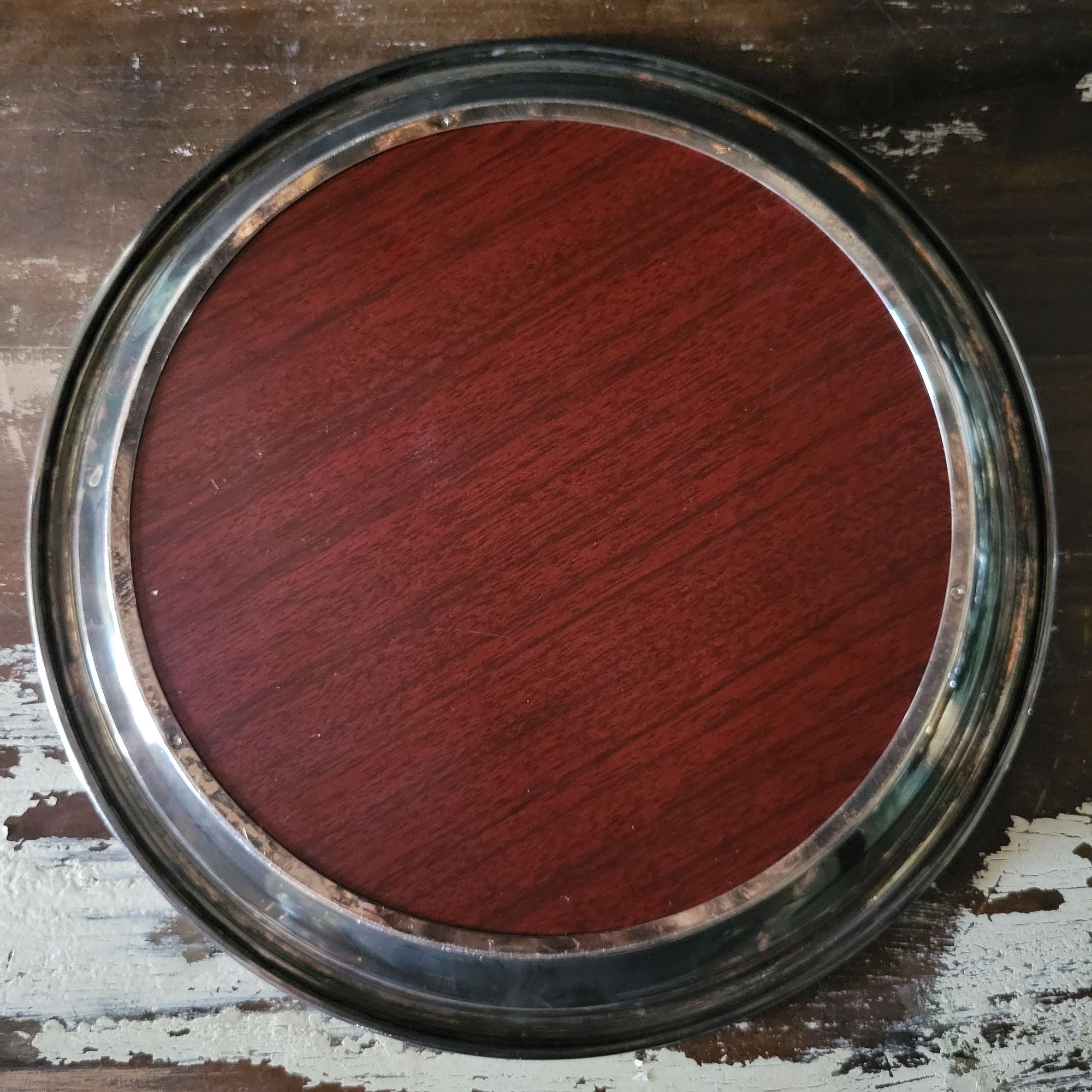 Vtg Crescent Faux Wood & Silverplate 9.625" Round Serving Bar Tray, Vtg Barware