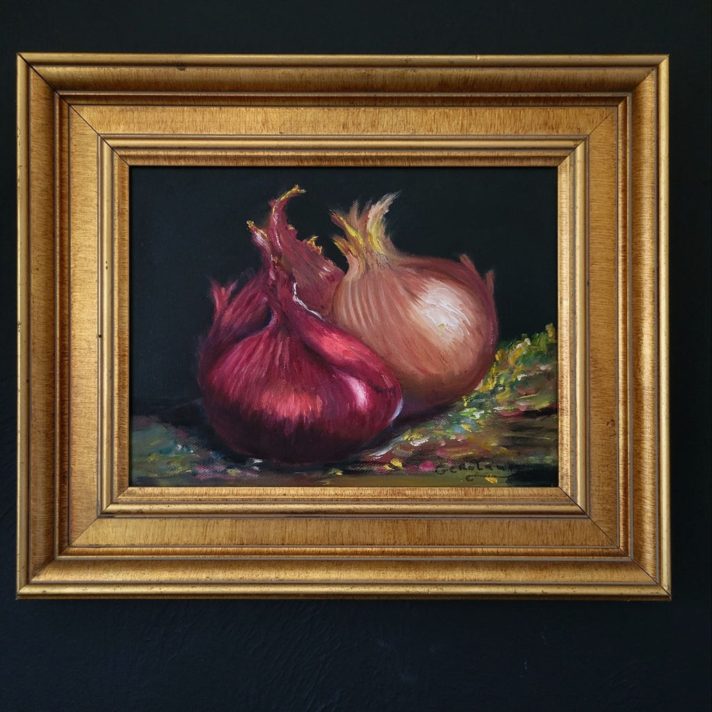 Vtg Red Onion Oil Painting By Gerolama Mae Pollizze Still Life Art Oil On Canvas