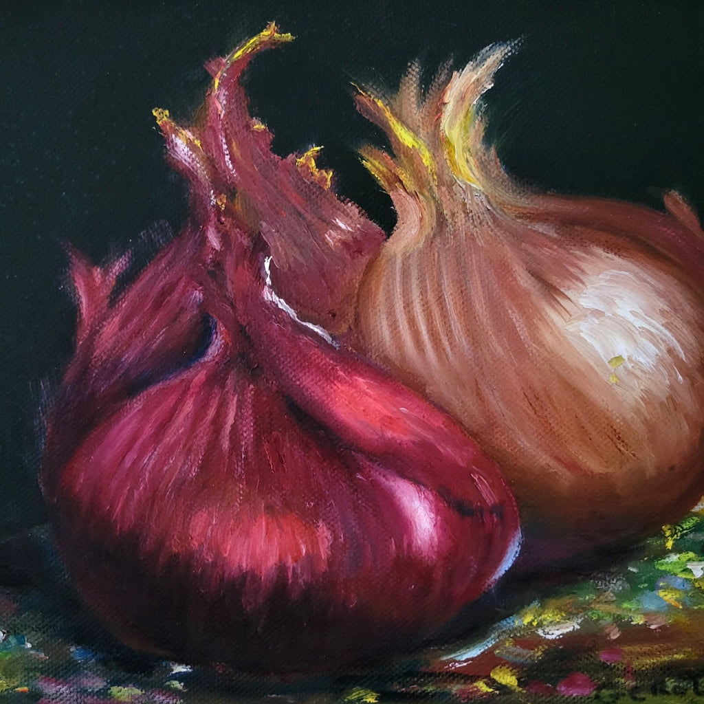 Vtg Red Onion Oil Painting By Gerolama Mae Pollizze Still Life Art Oil On Canvas