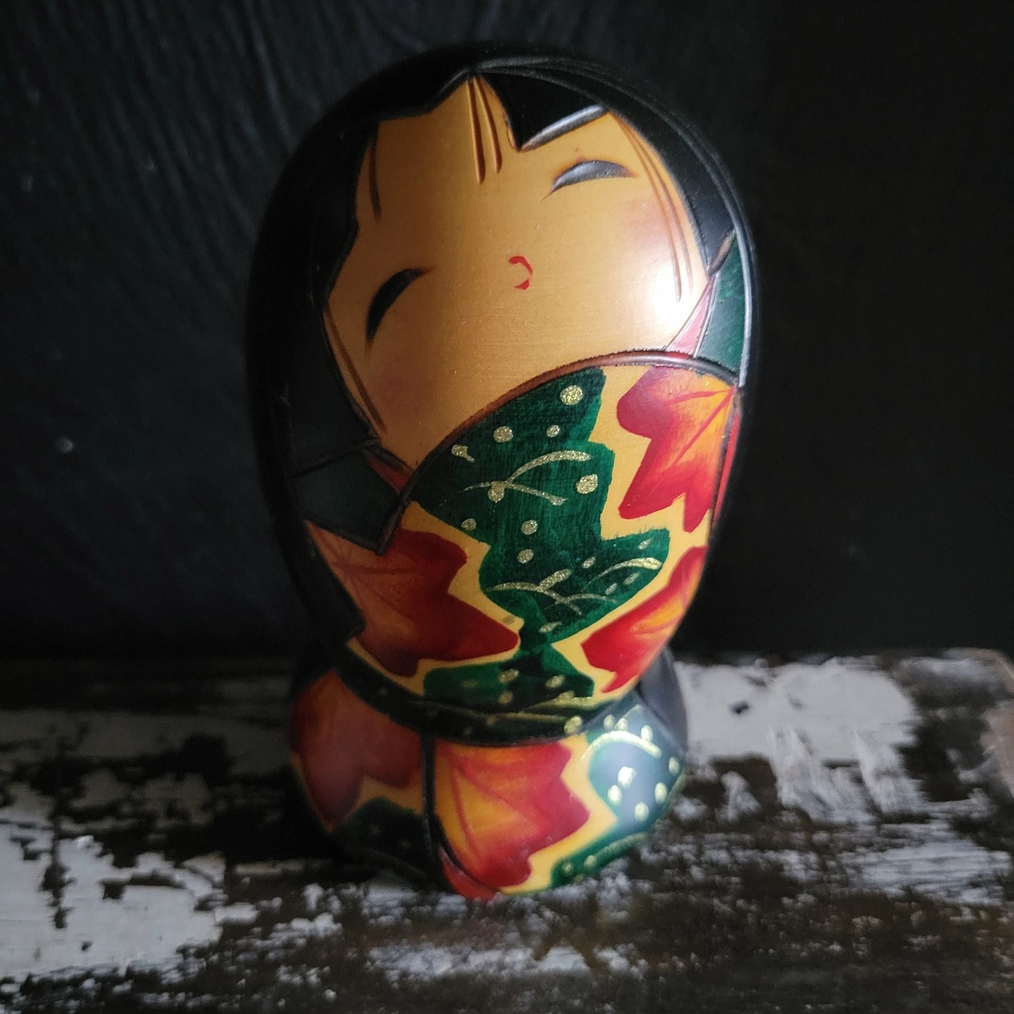 Vintage Japanese Kokeshi Doll 4.75" Handpainted and Signed Maple Leaf Design