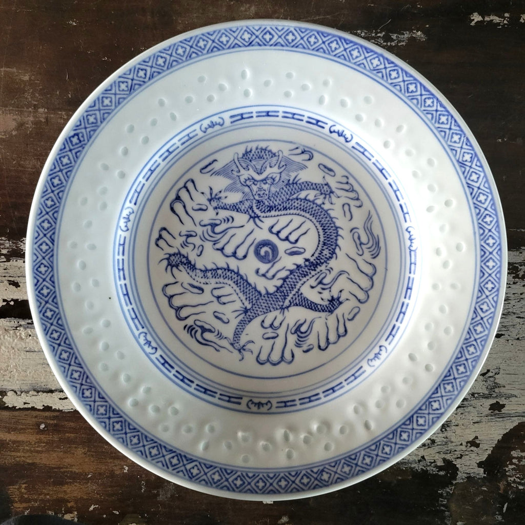 Vtg Chinese Rice Eyes Dragon Blue And White Porcelain Dinner Plate Shallow Bowl